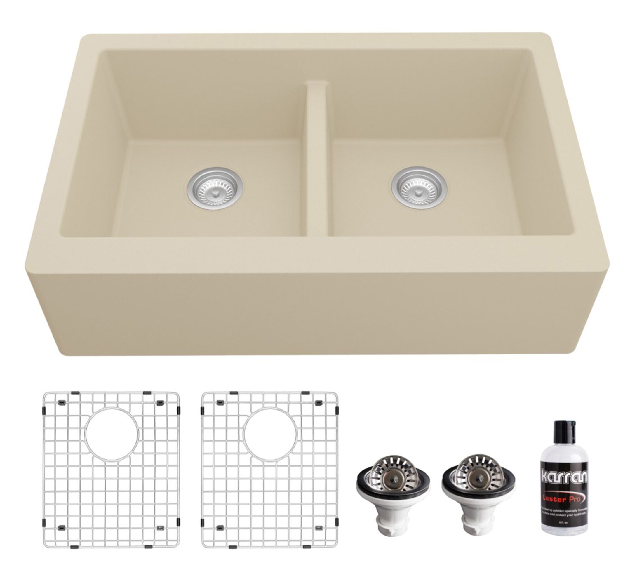 Karran 34" Quartz Composite Farmhouse Sink, 50/50 Double Bowl, Bisque, QA-750-BI-PK1