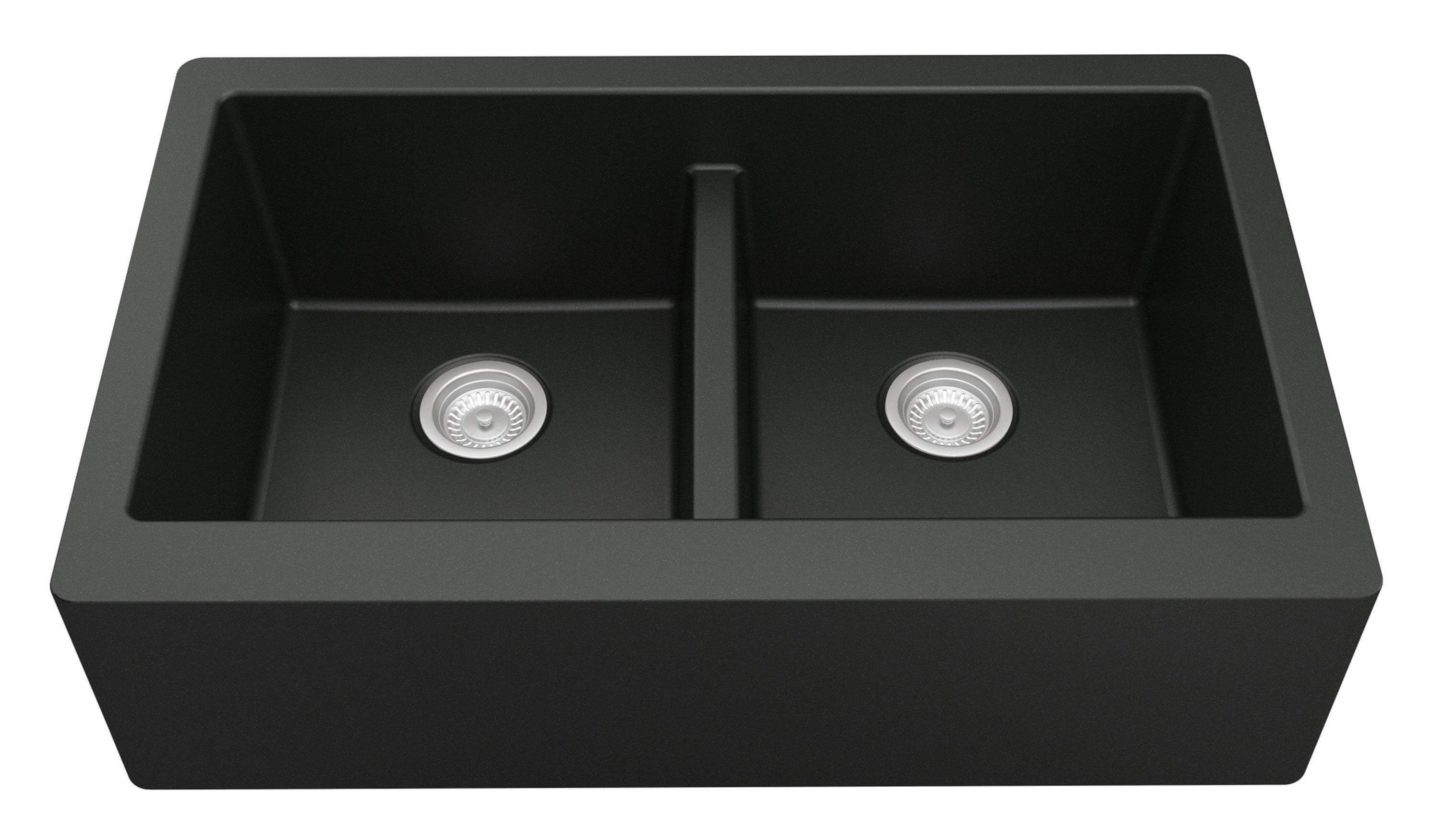 Alternate Image for Karran 34" Quartz Composite Farmhouse Sink, 50/50 Double Bowl, Black, QA-750-BL