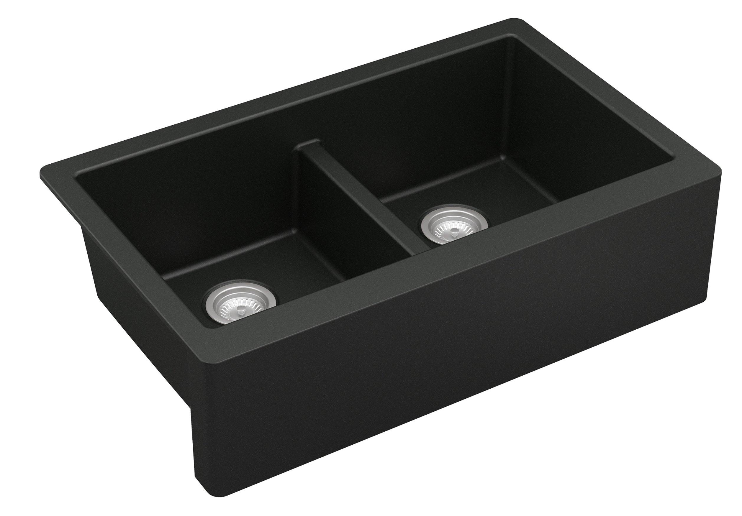 Alternate Image for Karran 34" Quartz Composite Farmhouse Sink, 50/50 Double Bowl, Black, QA-750-BL