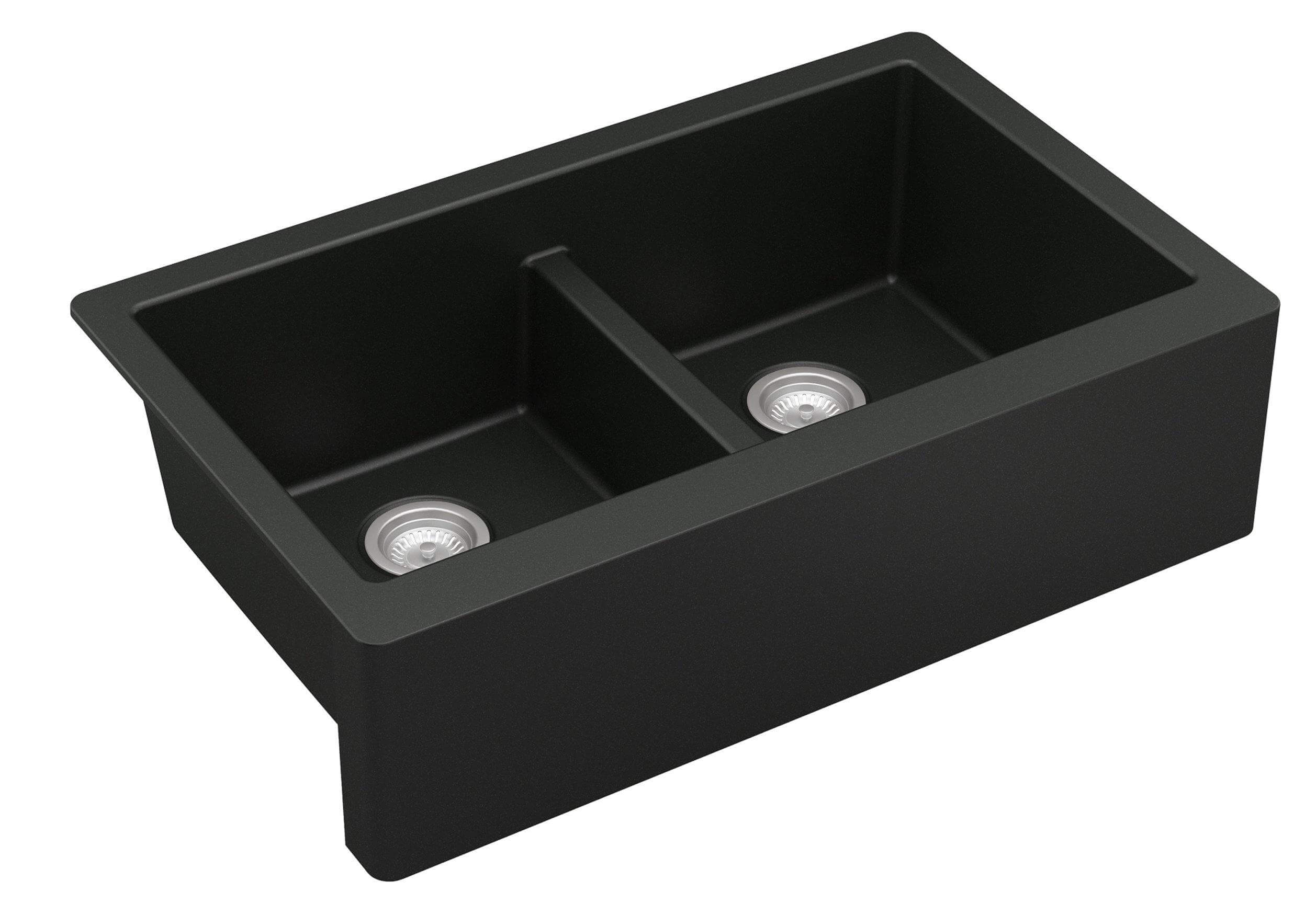 Alternate Image for Karran 34" Quartz Composite Farmhouse Sink, 50/50 Double Bowl, Black, QA-750-BL