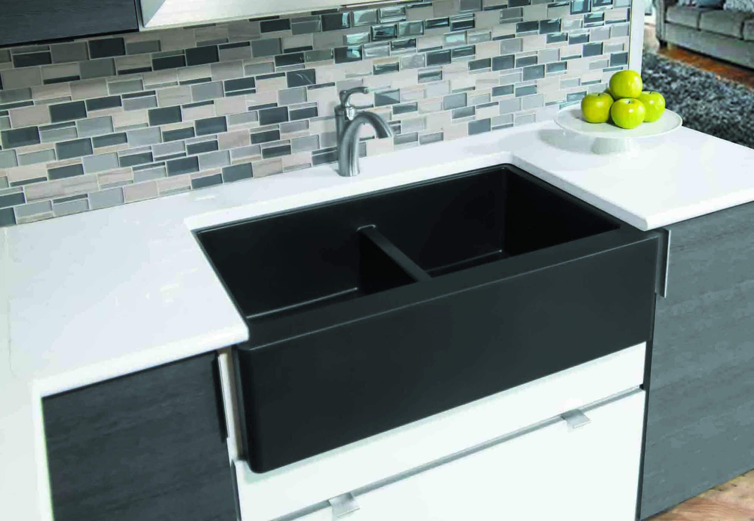 Alternate Image for Karran 34" Quartz Composite Farmhouse Sink, 50/50 Double Bowl, Black, QA-750-BL