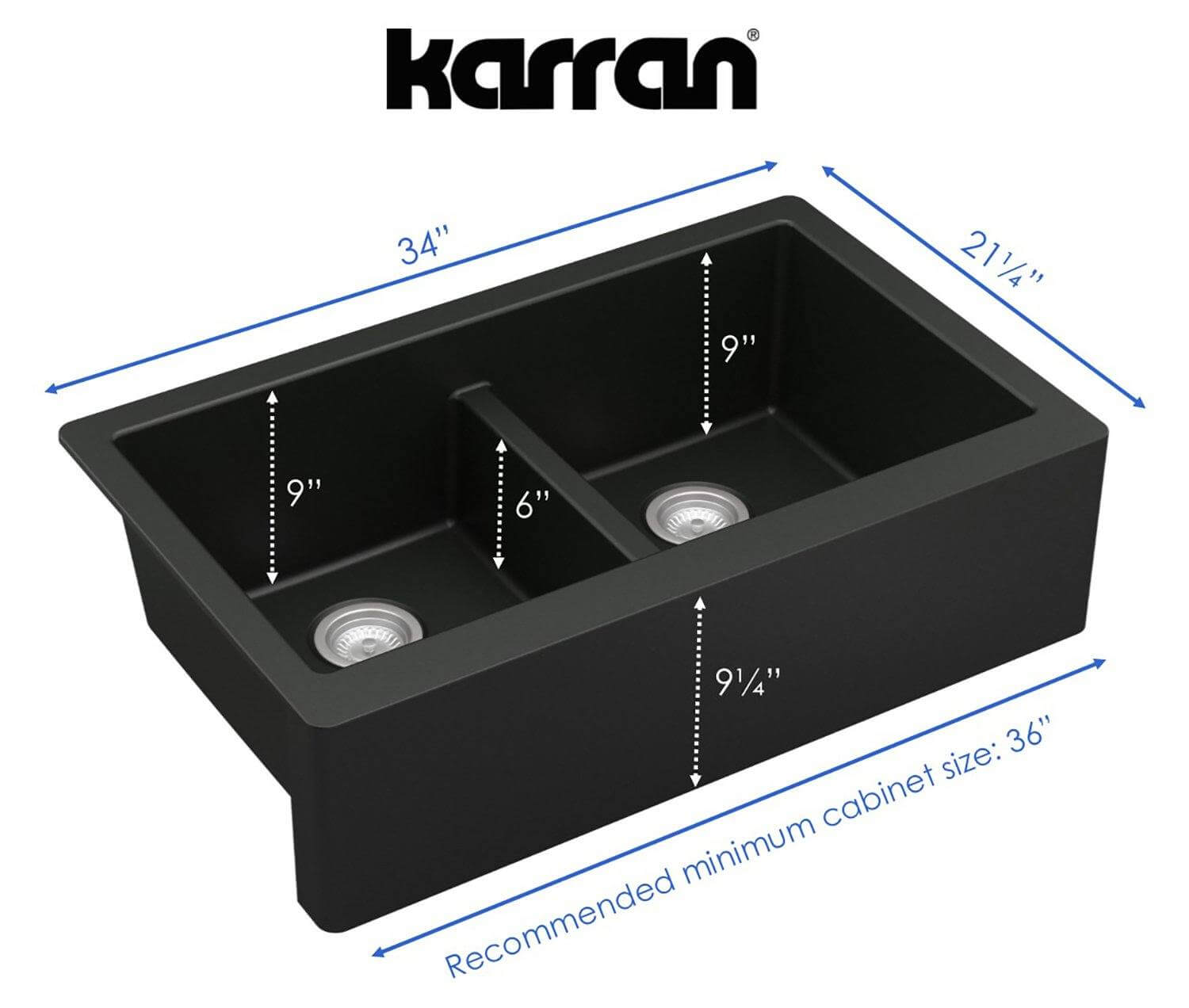 Alternate Image for Karran 34" Quartz Composite Farmhouse Sink, 50/50 Double Bowl, Black, QA-750-BL