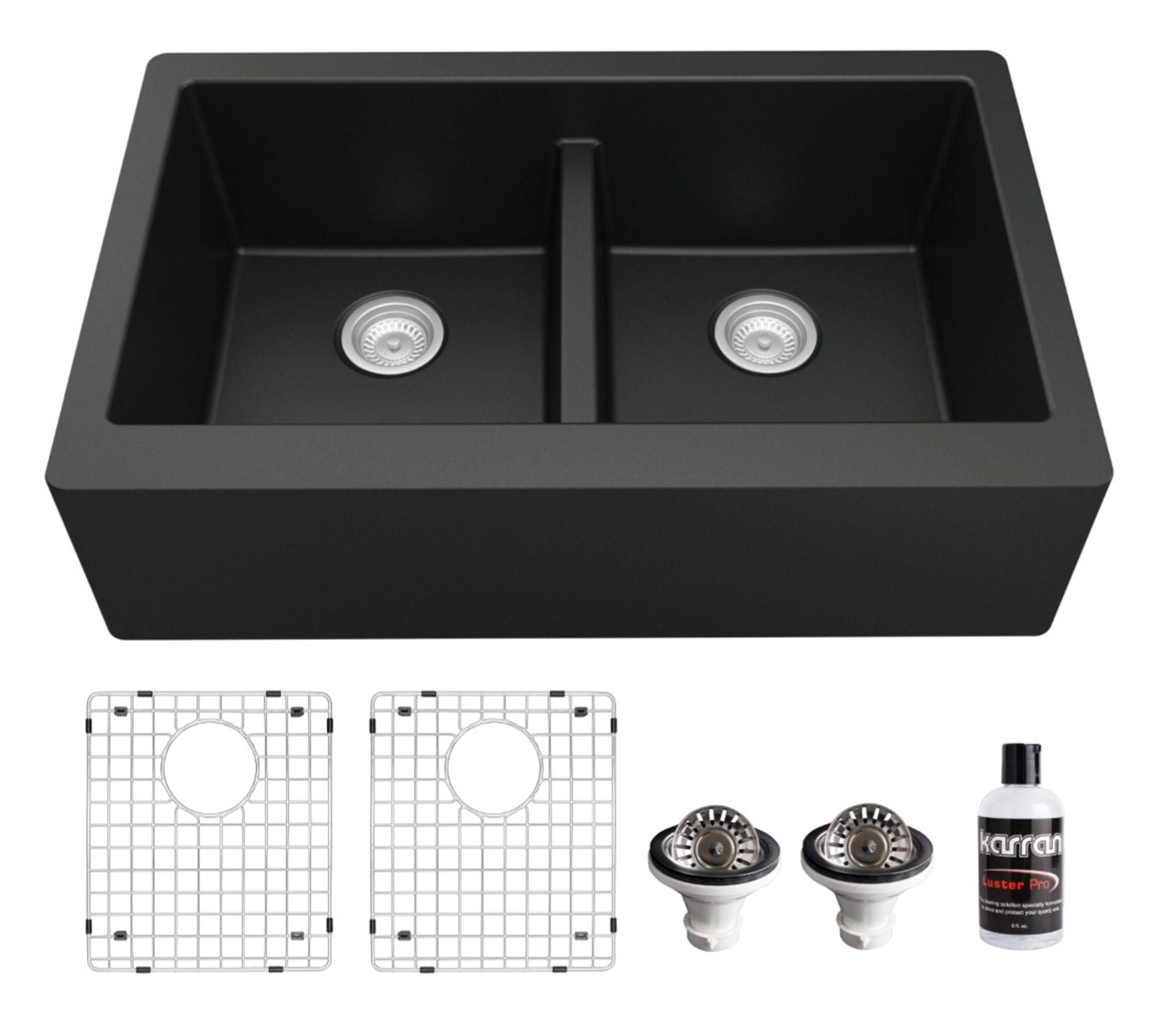 Karran 34" Quartz Composite Farmhouse Sink, 50/50 Double Bowl, Black, QA-750-BL-PK1
