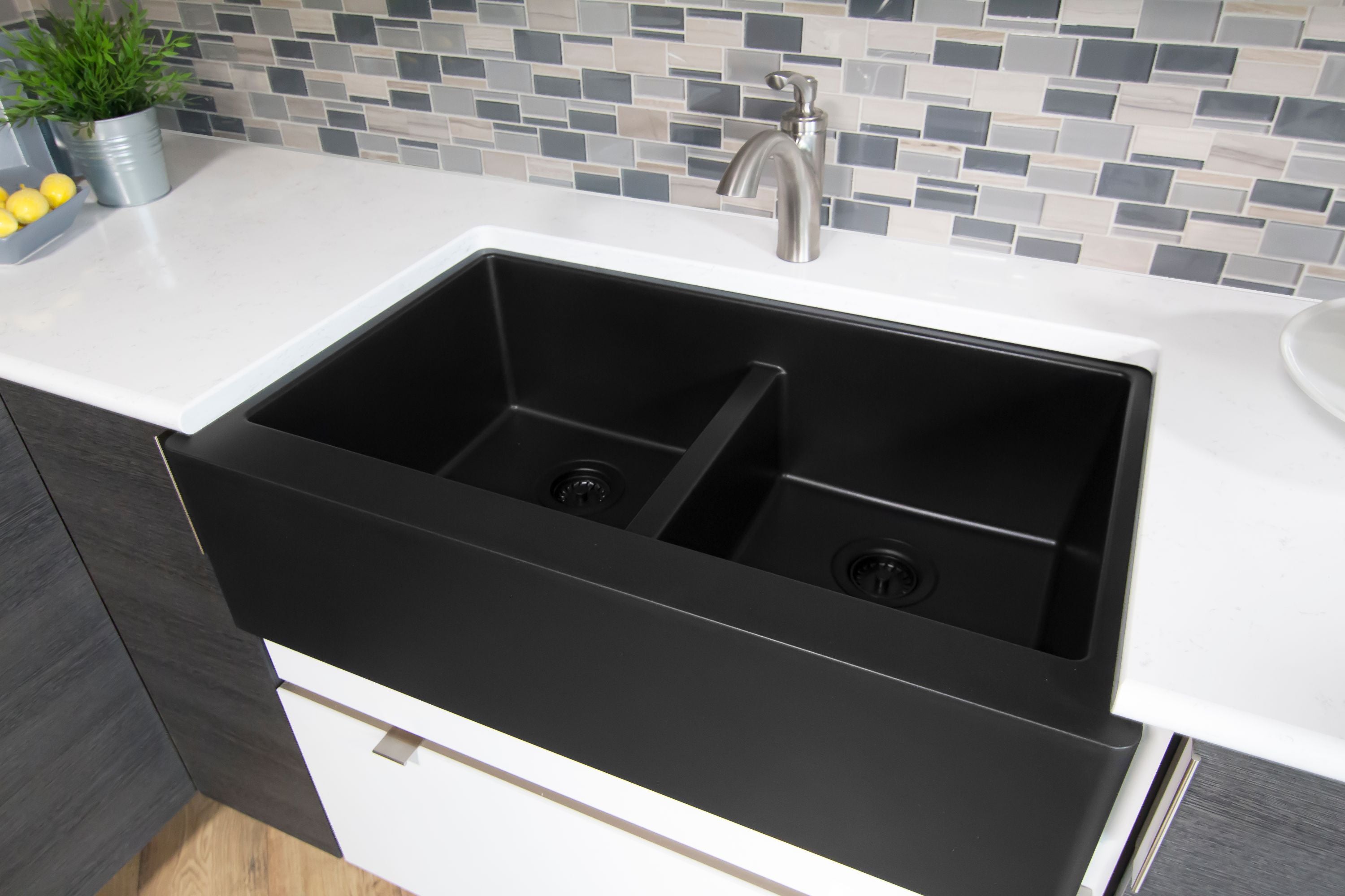 Karran 34" Quartz Composite Farmhouse Sink, 50/50 Double Bowl, Black, QA-750-BL-PK1