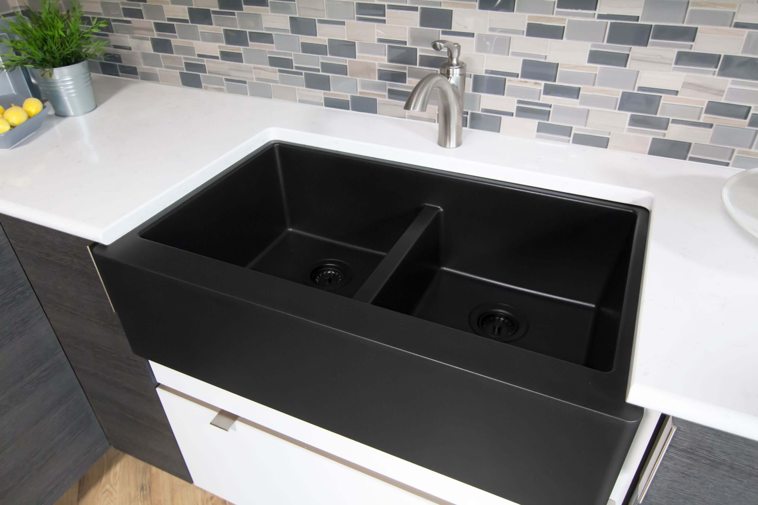 Alternate Image for Karran 34" Quartz Composite Farmhouse Sink, 50/50 Double Bowl, Black, QA-750-BL-PK1