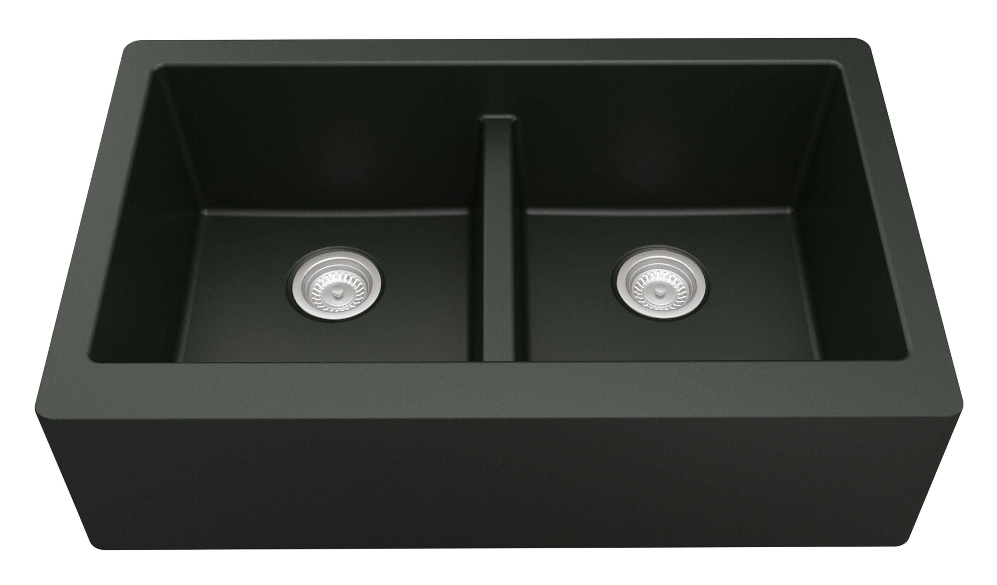 Alternate Image for Karran 34" Quartz Composite Farmhouse Sink, 50/50 Double Bowl, Black, QA-750-BL-PK1