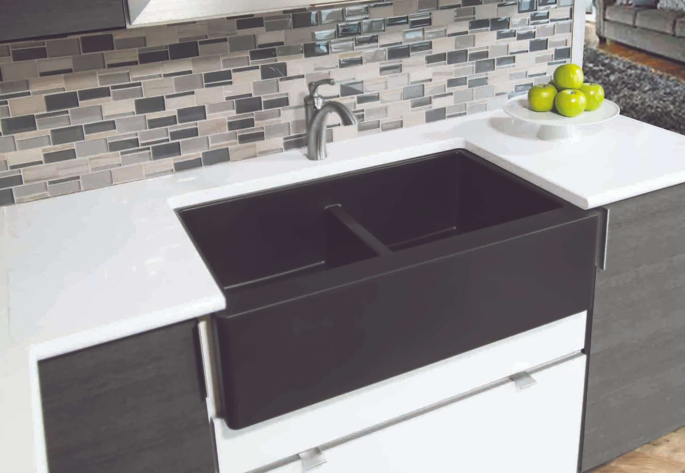 Alternate Image for Karran 34" Quartz Composite Farmhouse Sink, 50/50 Double Bowl, Black, QA-750-BL-PK1
