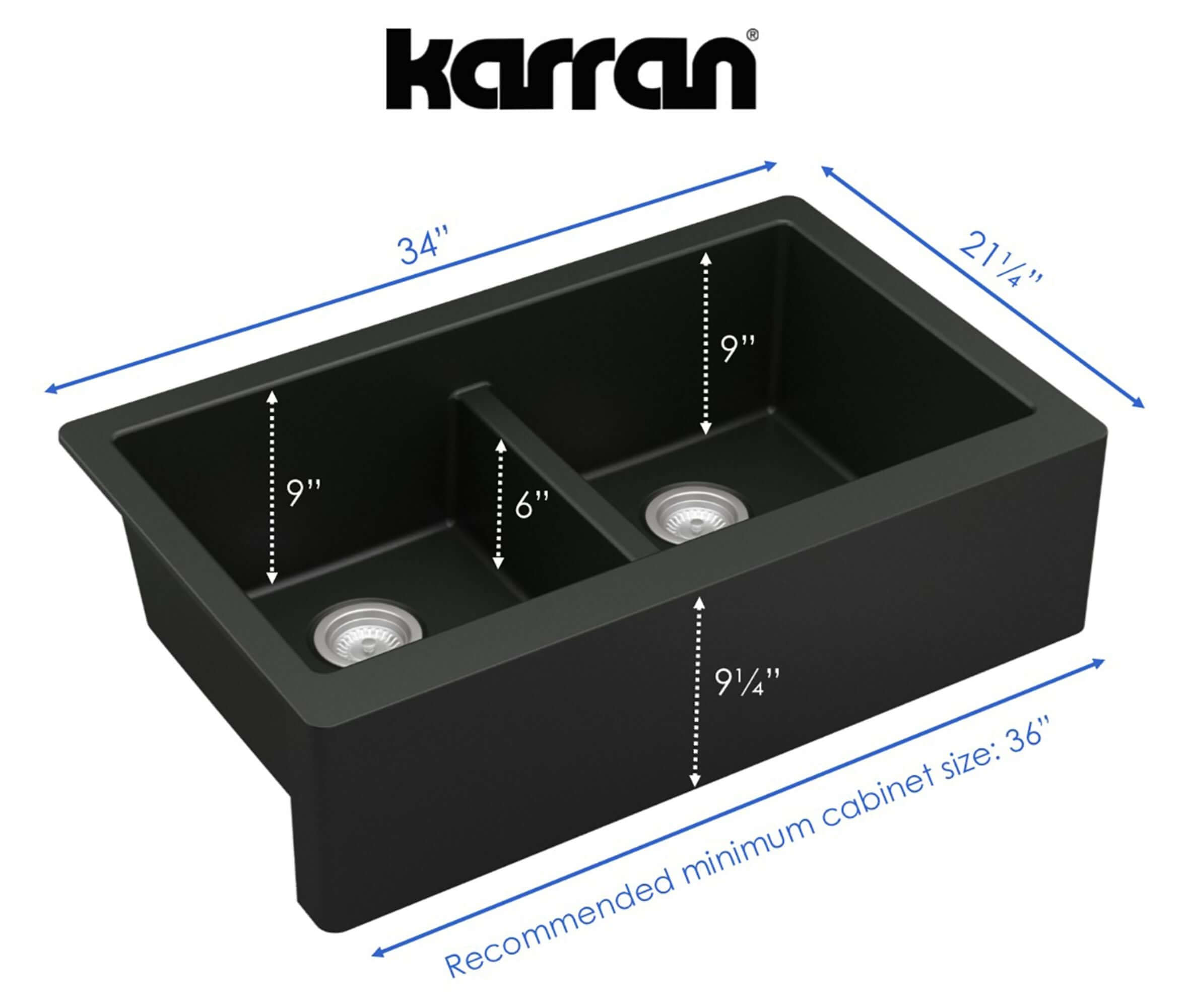 Alternate Image for Karran 34" Quartz Composite Farmhouse Sink, 50/50 Double Bowl, Black, QA-750-BL-PK1