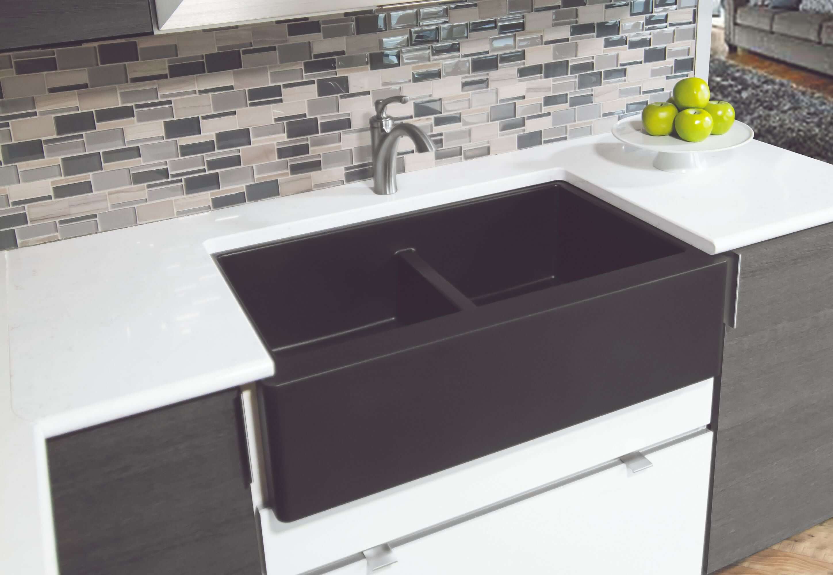 Alternate Image for Karran 34" Quartz Composite Farmhouse Sink, 50/50 Double Bowl, Black, QA-750-BL-PK1