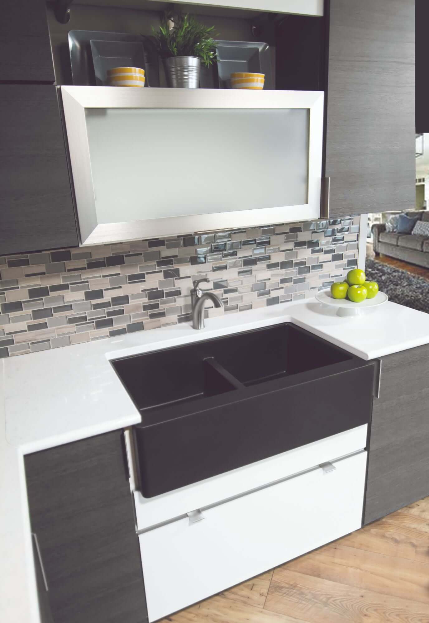 Alternate Image for Karran 34" Quartz Composite Farmhouse Sink, 50/50 Double Bowl, Black, QA-750-BL-PK1