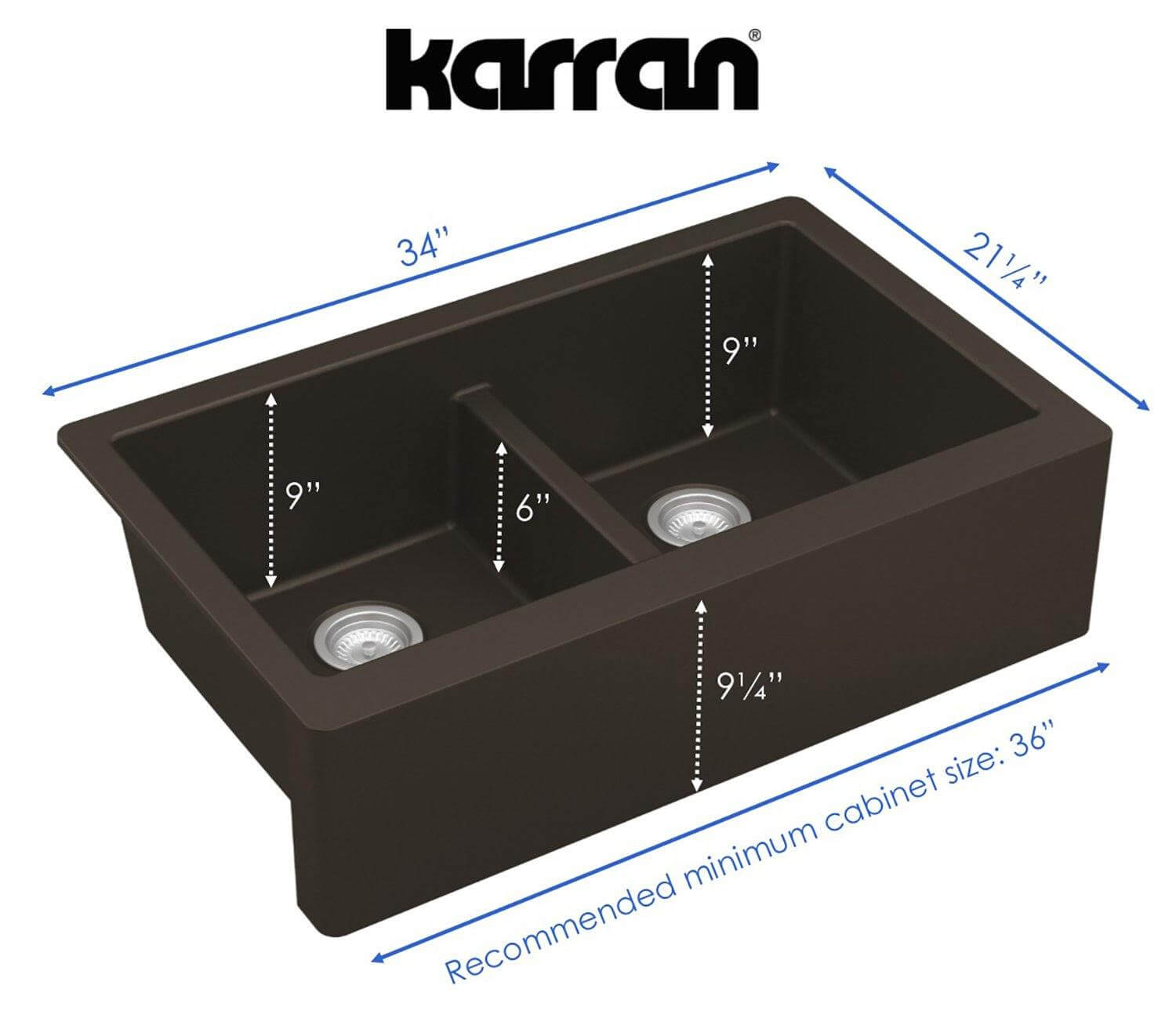 Alternate Image for Karran 34" Quartz Composite Farmhouse Sink, 50/50 Double Bowl, Brown, QA-750-BR