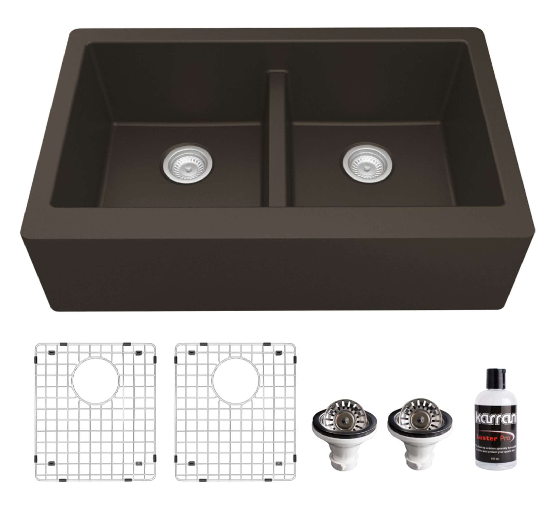 Alternate Image for Karran 34" Quartz Composite Farmhouse Sink, 50/50 Double Bowl, Brown, QA-750-BR-PK1