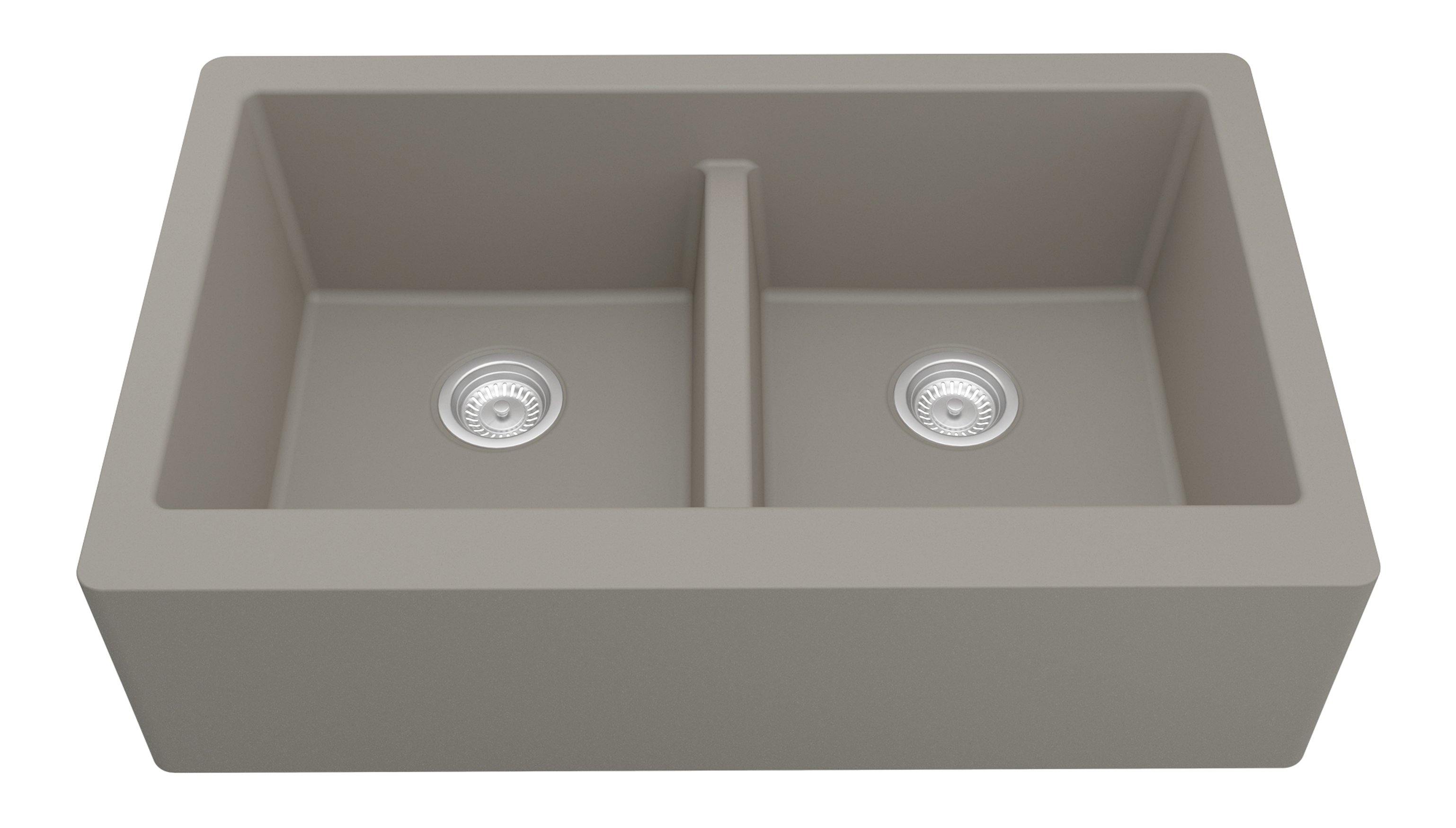 Karran 34" Quartz Composite Farmhouse Sink, 50/50 Double Bowl, Concrete, QA-750-CN