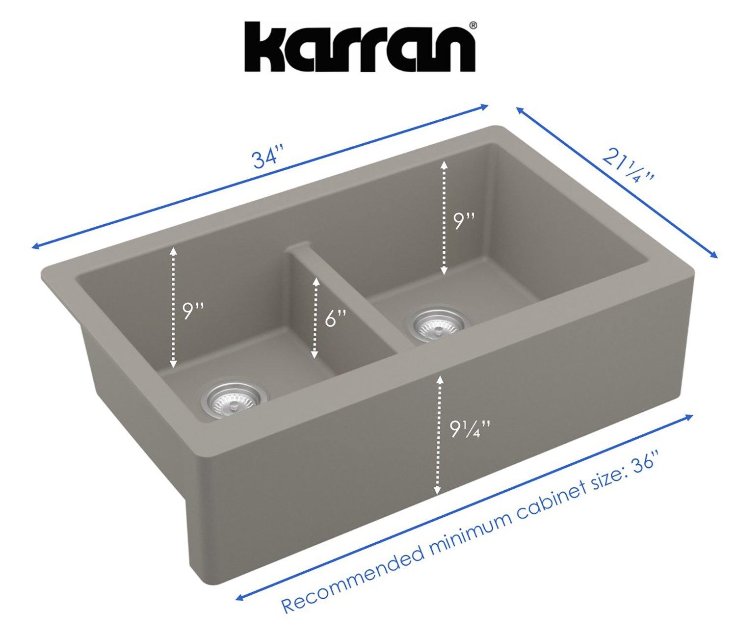 Karran 34" Quartz Composite Farmhouse Sink, 50/50 Double Bowl, Concrete, QA-750-CN