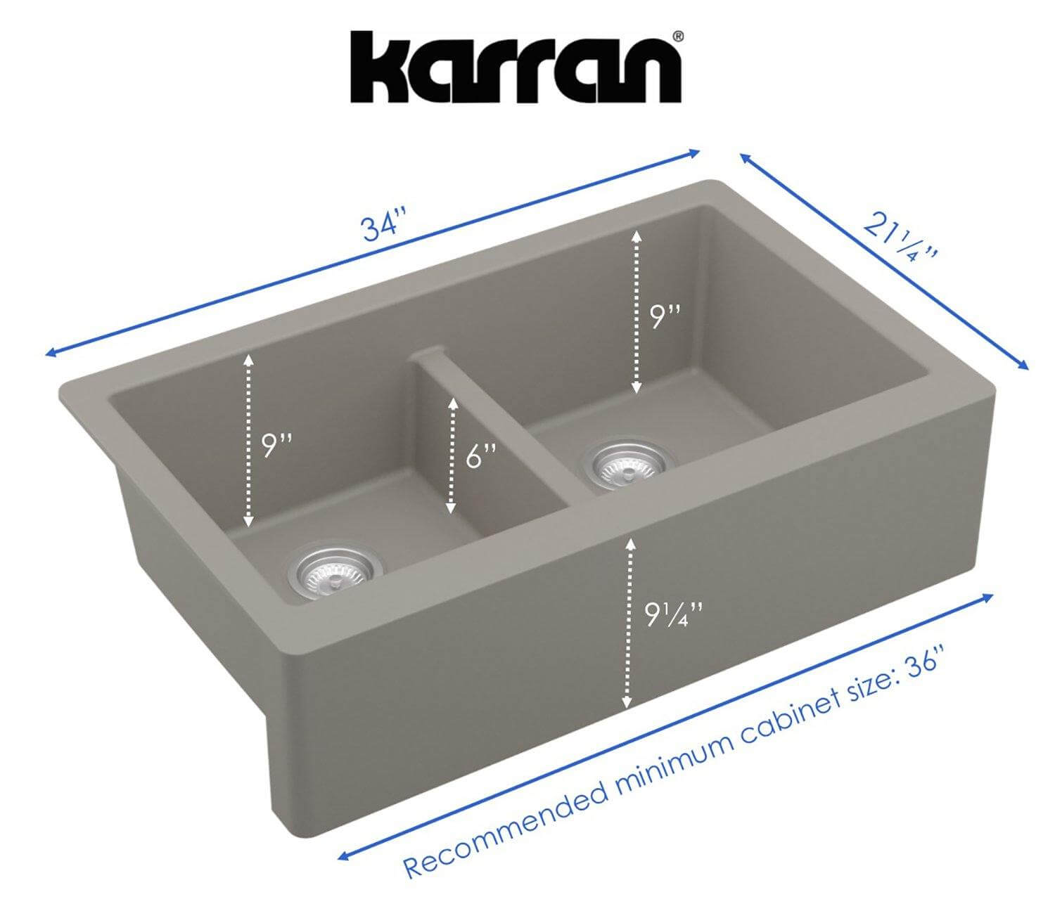 Alternate Image for Karran 34" Quartz Composite Farmhouse Sink, 50/50 Double Bowl, Concrete, QA-750-CN