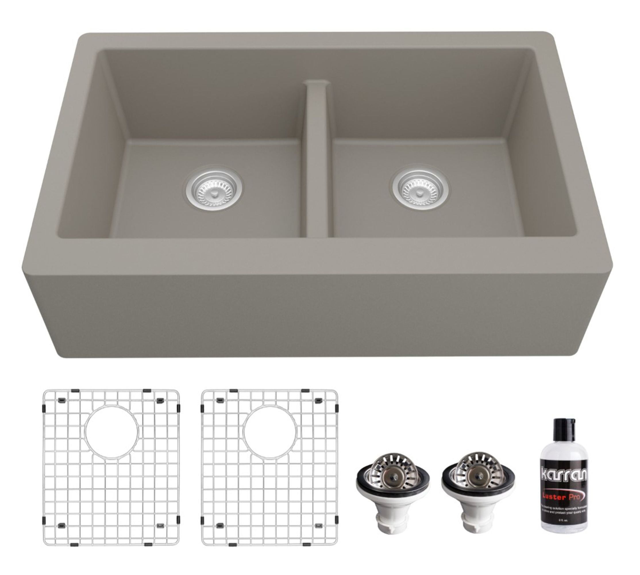 Karran 34" Quartz Composite Farmhouse Sink, 50/50 Double Bowl, Concrete, QA-750-CN-PK1