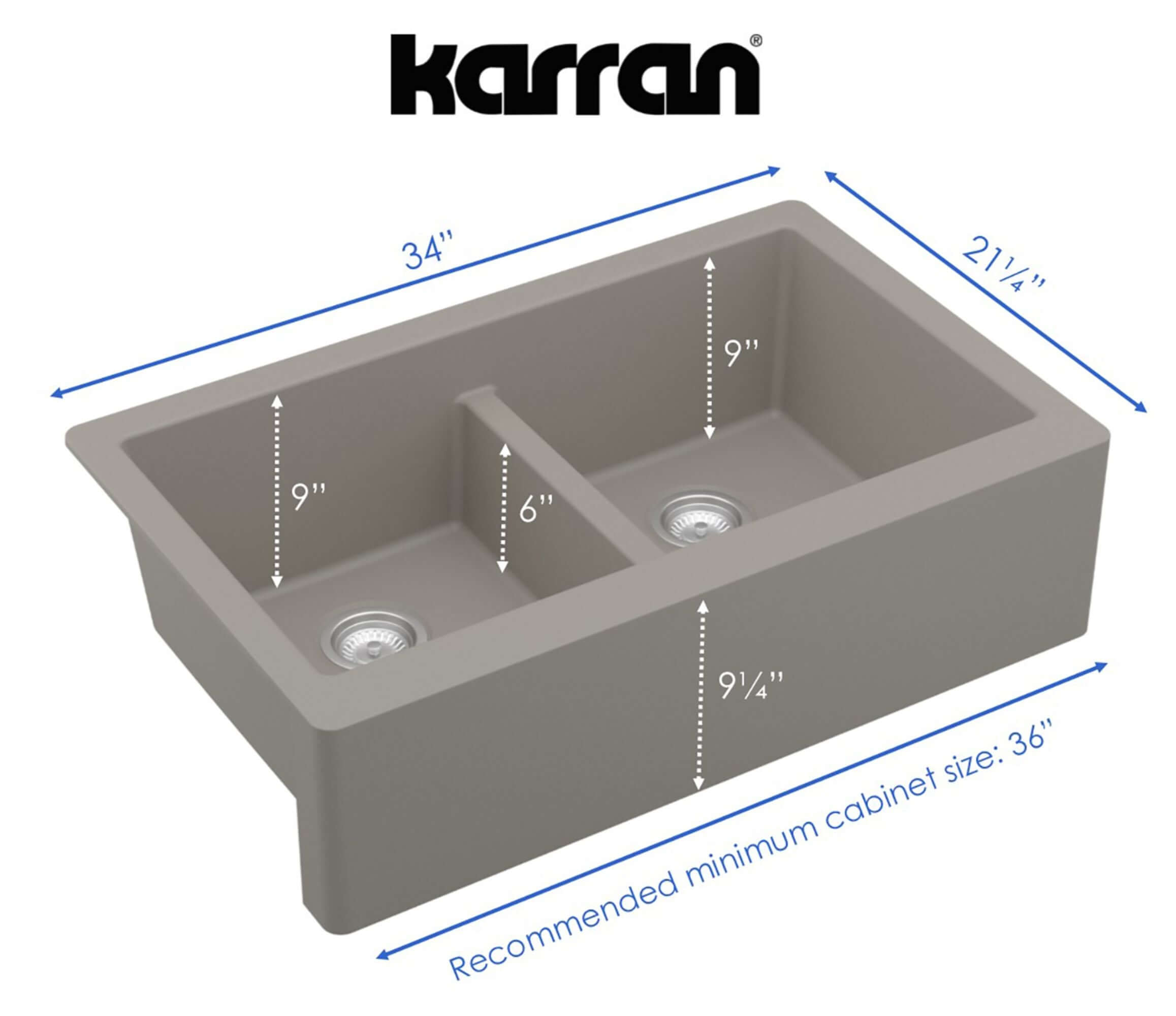 Alternate Image for Karran 34" Quartz Composite Farmhouse Sink, 50/50 Double Bowl, Concrete, QA-750-CN-PK1