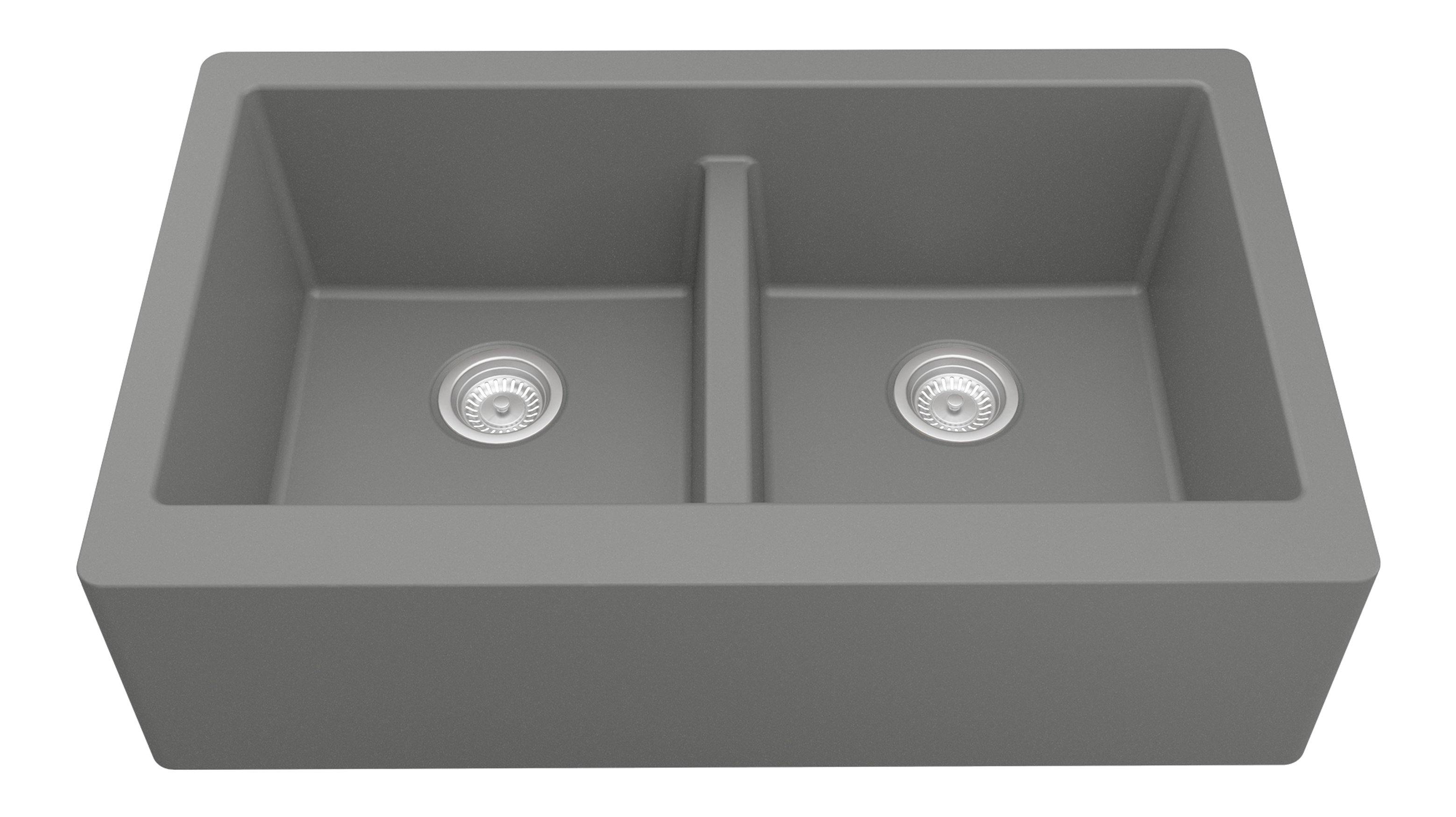 Karran 34" Quartz Composite Farmhouse Sink, 50/50 Double Bowl, Grey, QA-750-GR