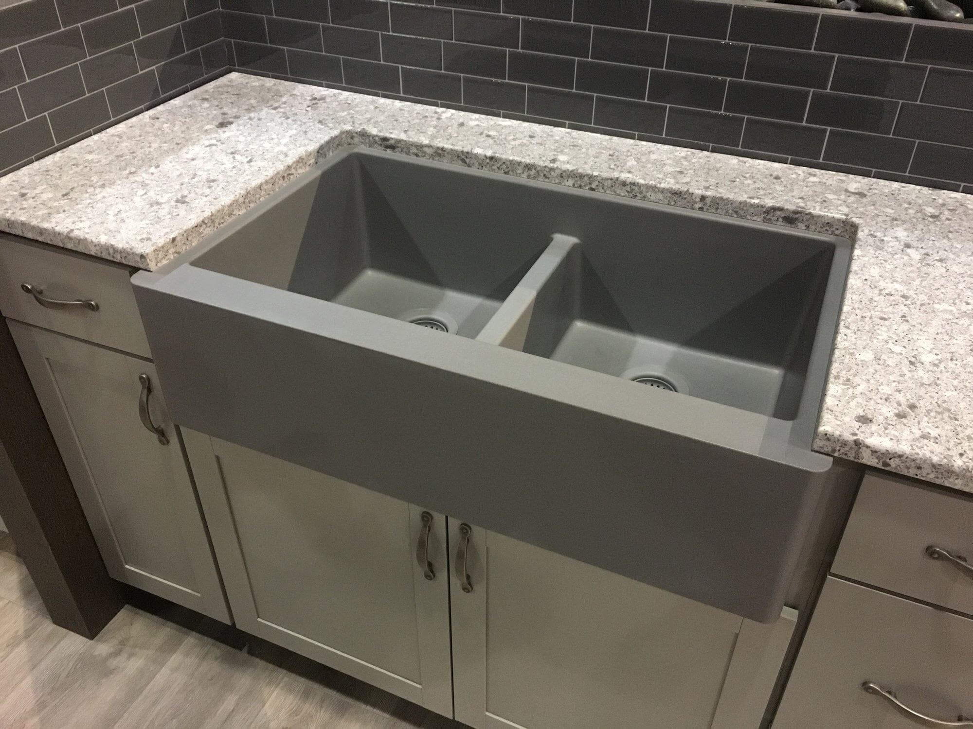 Alternate Image for Karran 34" Quartz Composite Farmhouse Sink, 50/50 Double Bowl, Grey, QA-750-GR