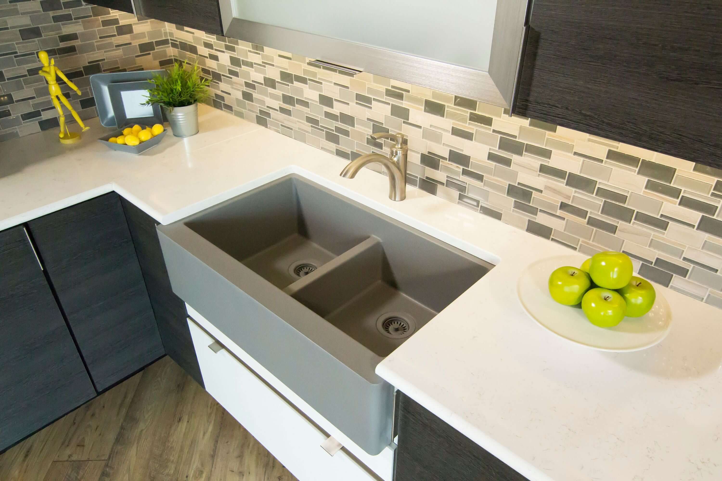 Alternate Image for Karran 34" Quartz Composite Farmhouse Sink, 50/50 Double Bowl, Grey, QA-750-GR-PK1