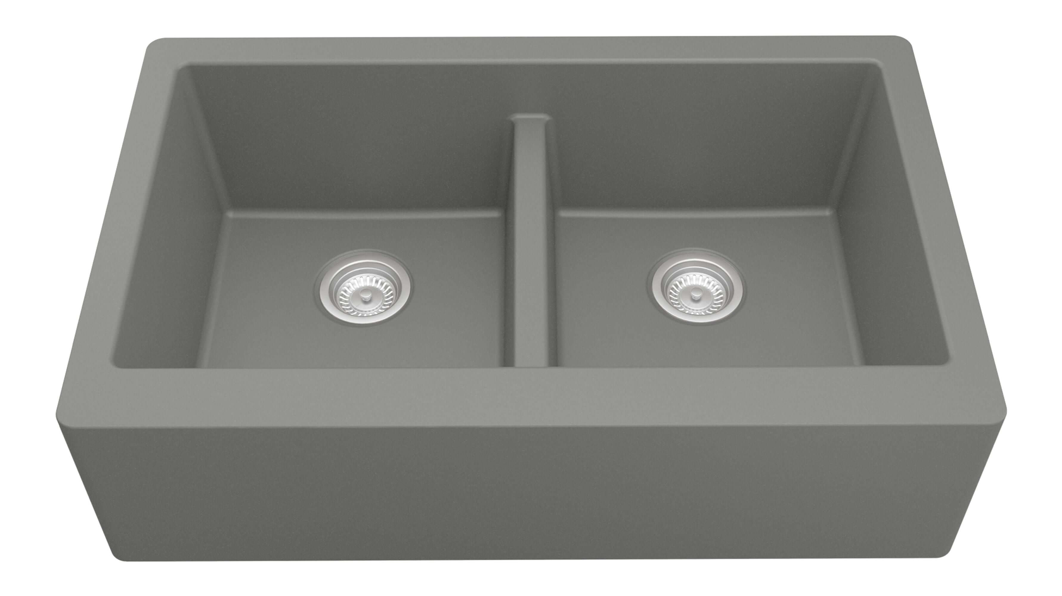 Alternate Image for Karran 34" Quartz Composite Farmhouse Sink, 50/50 Double Bowl, Grey, QA-750-GR-PK1