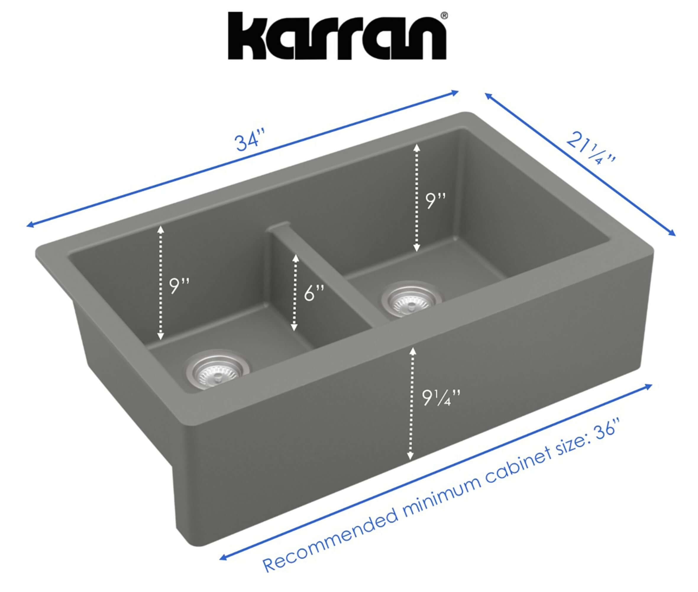 Alternate Image for Karran 34" Quartz Composite Farmhouse Sink, 50/50 Double Bowl, Grey, QA-750-GR-PK1