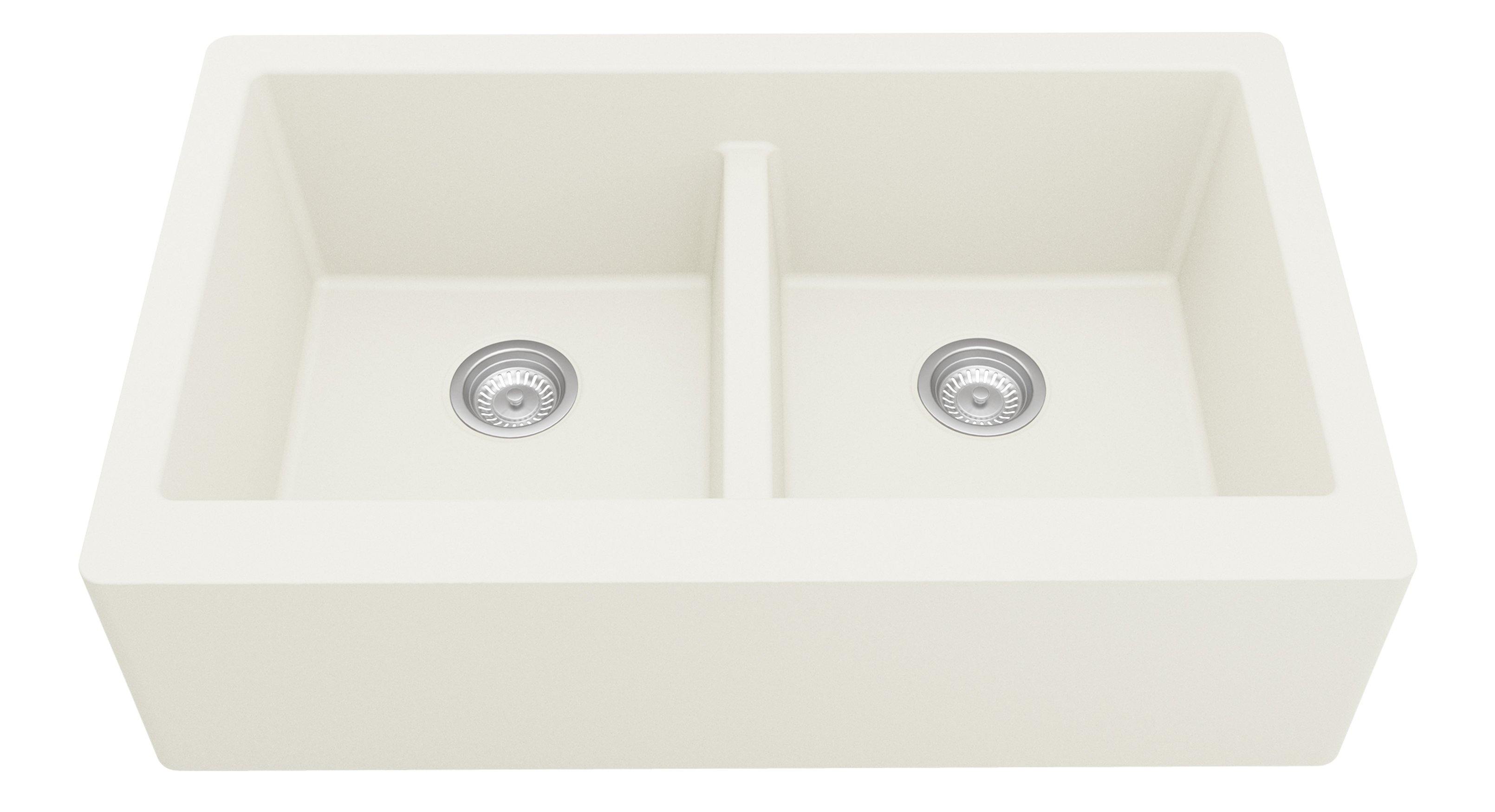 Karran 34" Quartz Composite Farmhouse Sink, 50/50 Double Bowl, White, QA-750-WH