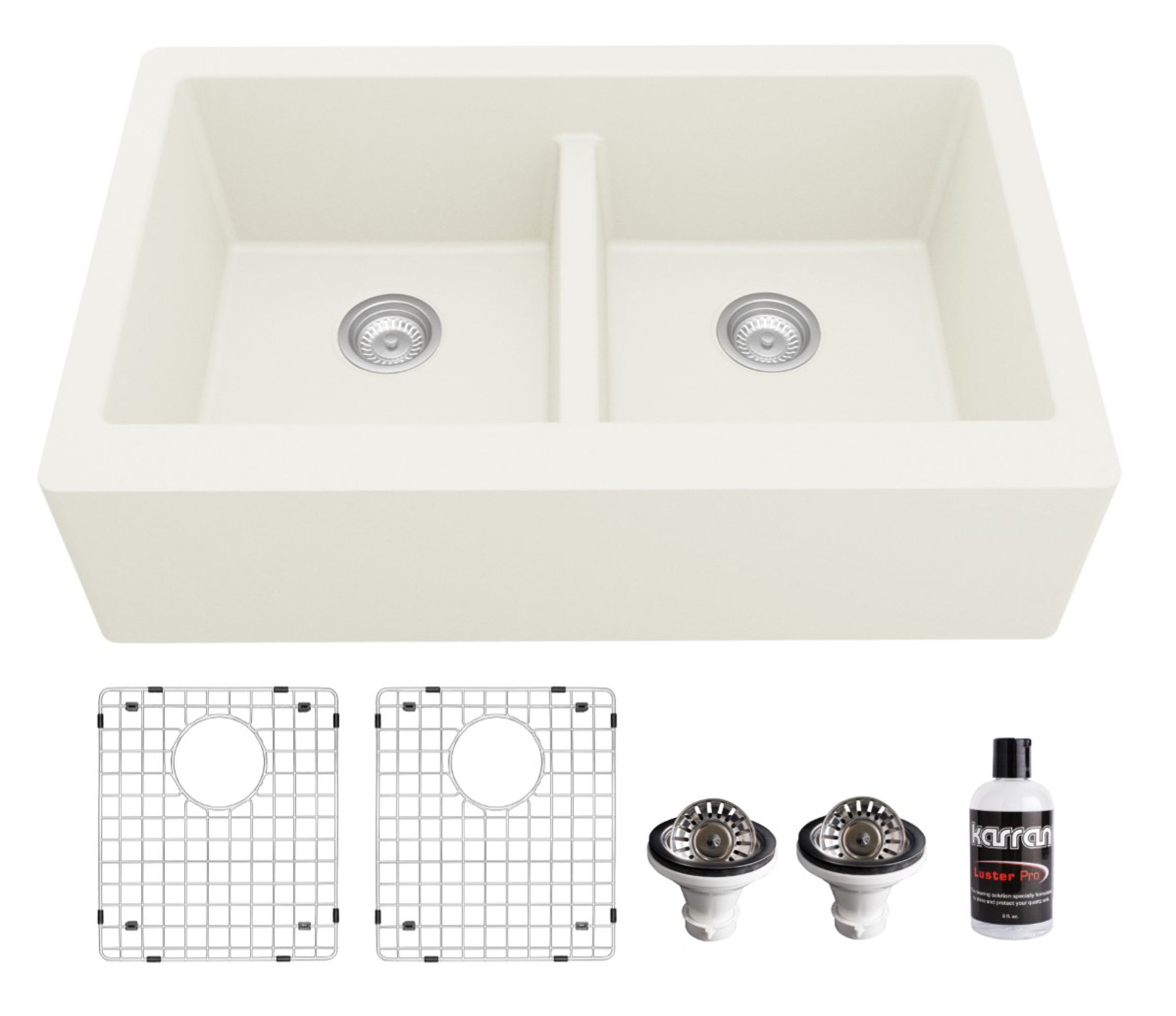 Karran 34" Quartz Composite Farmhouse Sink, 50/50 Double Bowl, White, QA-750-WH-PK1