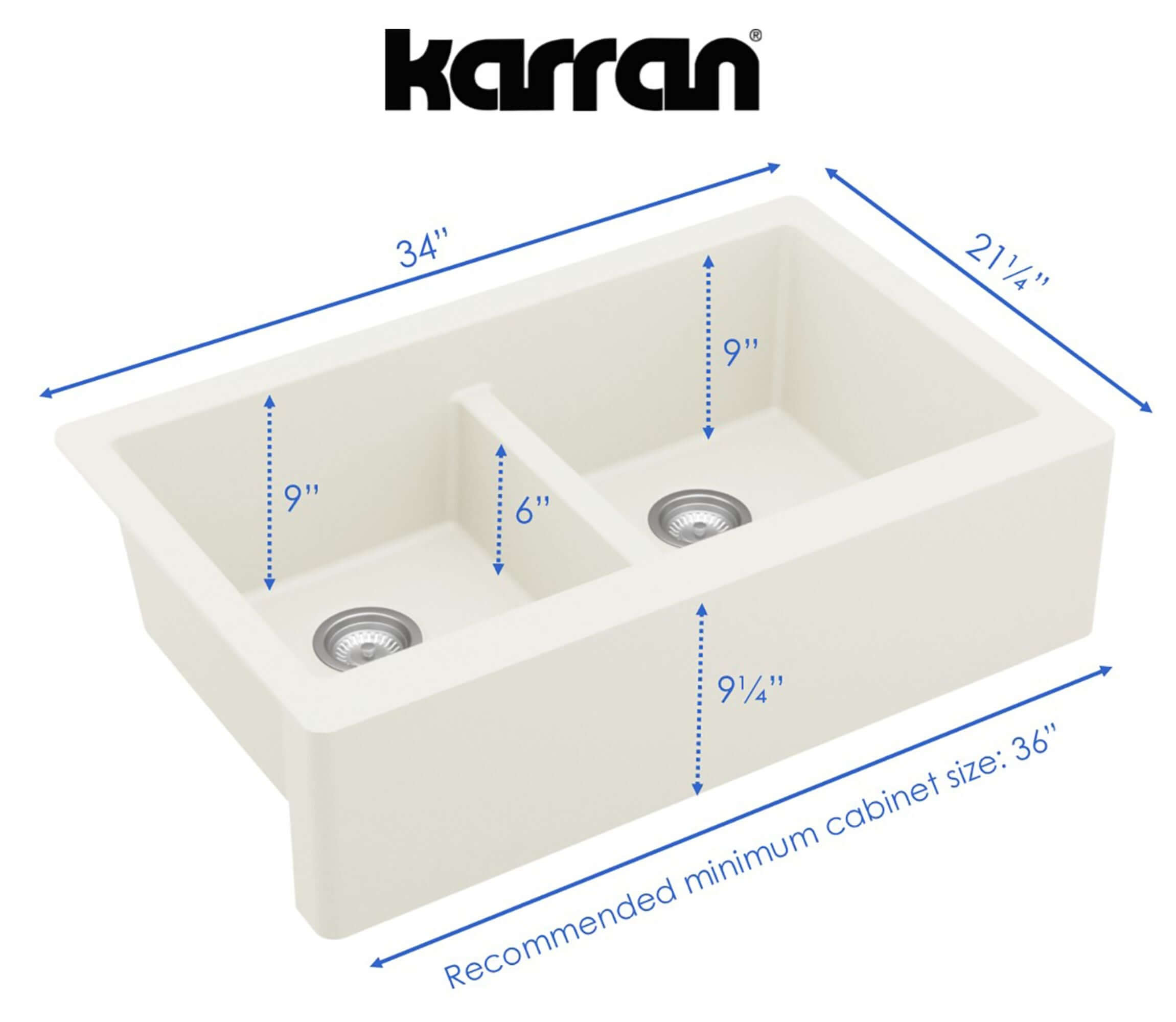 Alternate Image for Karran 34" Quartz Composite Farmhouse Sink, 50/50 Double Bowl, White, QA-750-WH-PK1