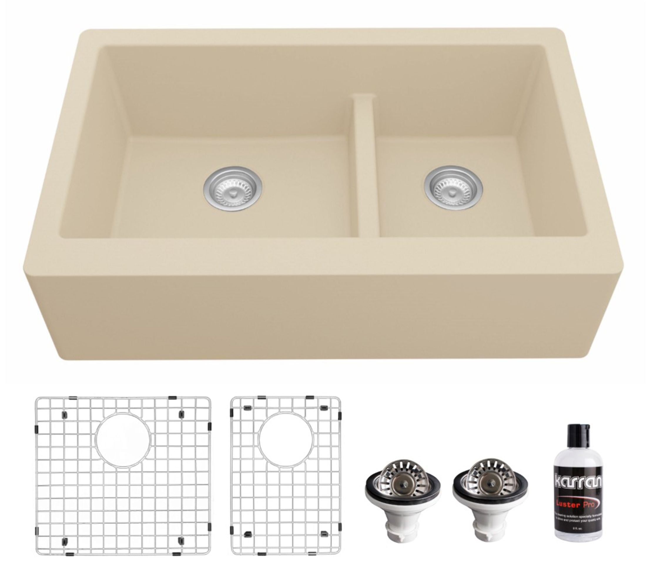 Karran 34" Quartz Composite Farmhouse Sink, 60/40 Double Bowl, Bisque, QA-760-BI-PK1