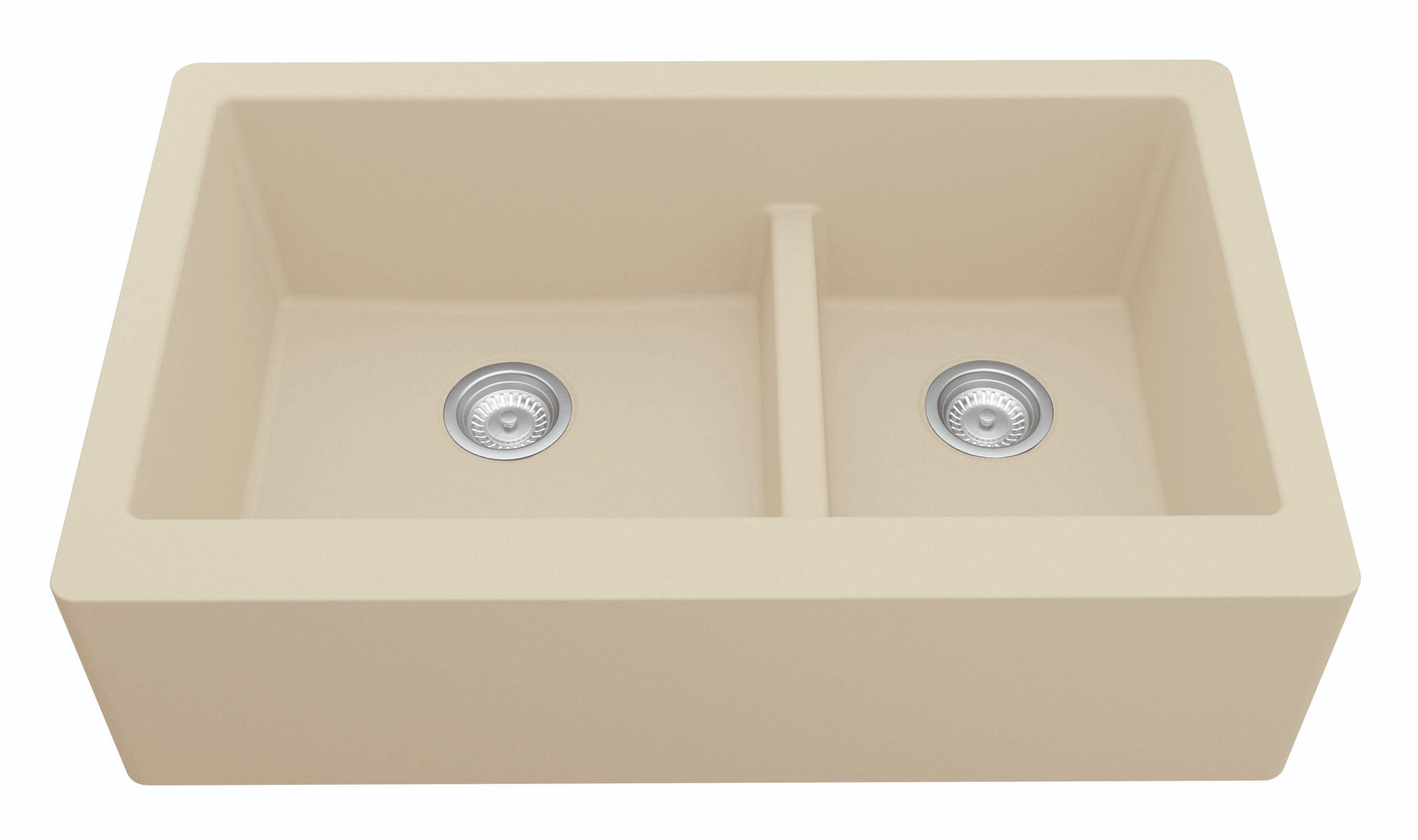 Karran 34" Quartz Composite Farmhouse Sink, 60/40 Double Bowl, Bisque, QA-760-BI-PK1
