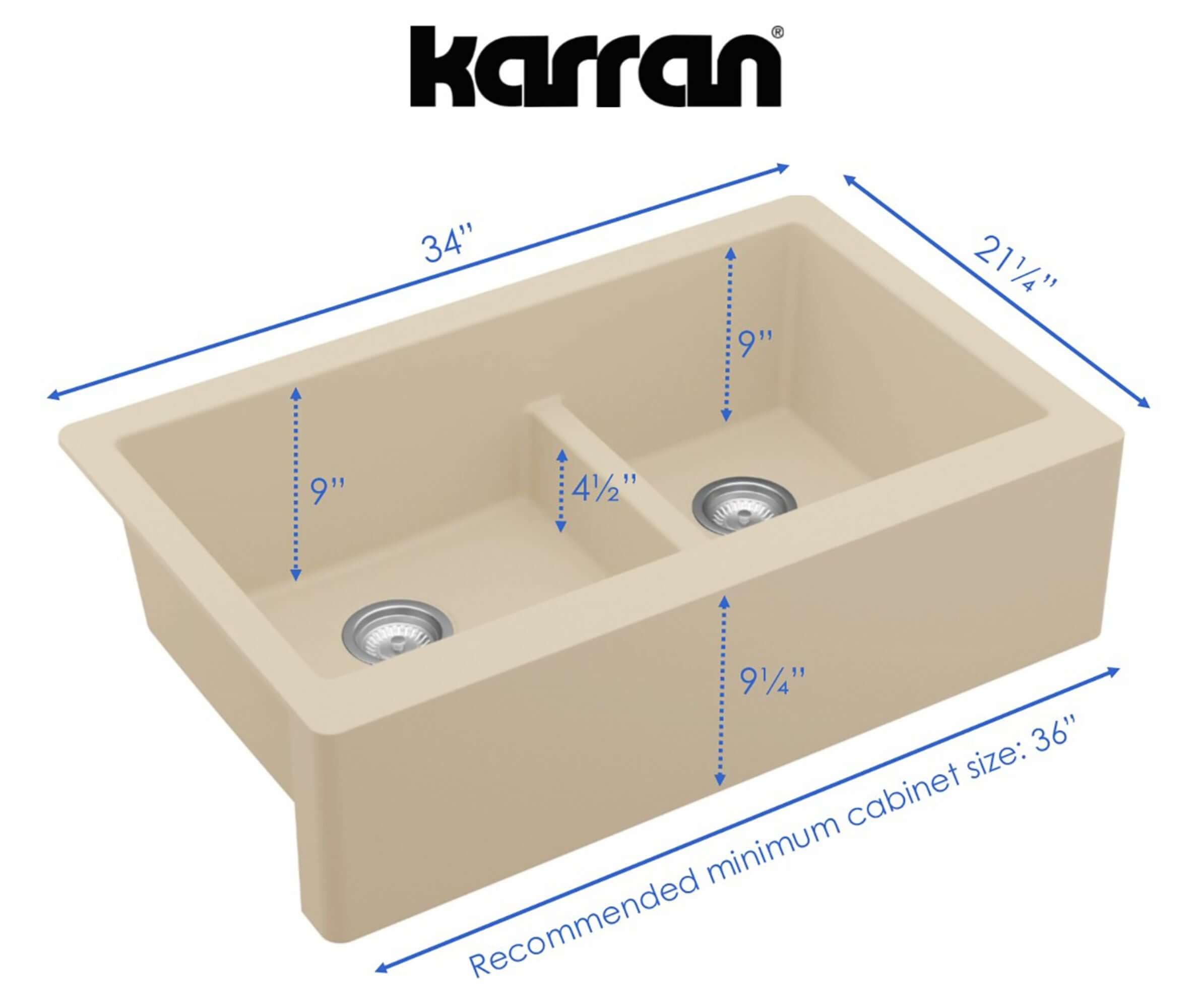 Alternate Image for Karran 34" Quartz Composite Farmhouse Sink, 60/40 Double Bowl, Bisque, QA-760-BI-PK1