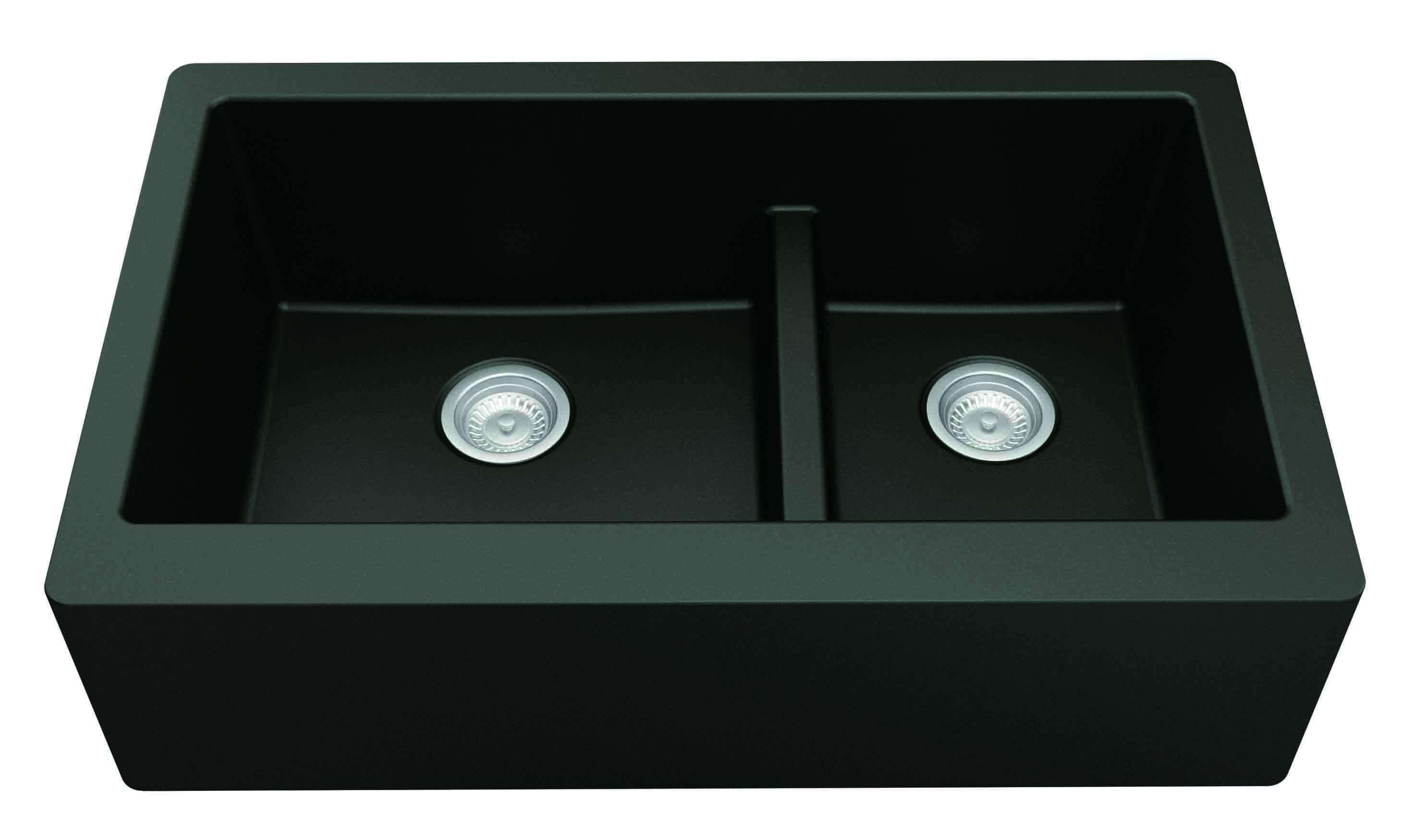 Alternate Image for Karran 34" Quartz Composite Farmhouse Sink, 60/40 Double Bowl, Black, QA-760-BL