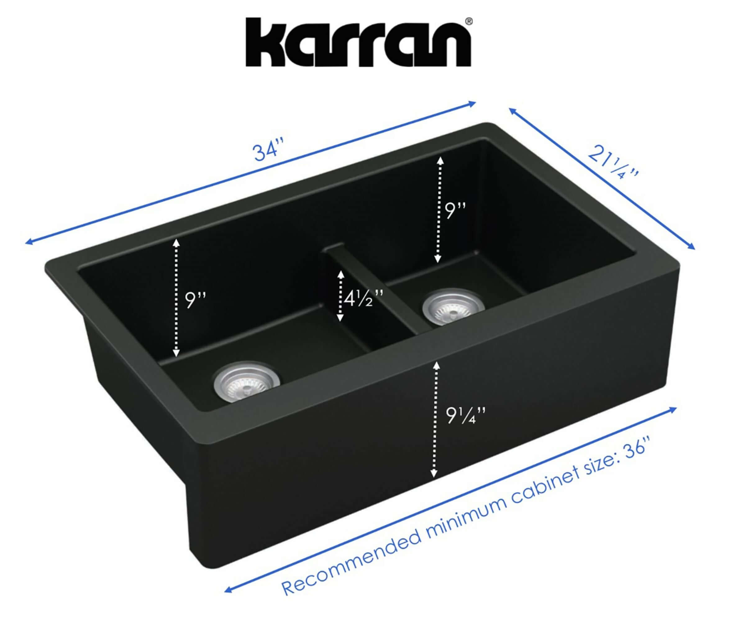 Alternate Image for Karran 34" Quartz Composite Farmhouse Sink, 60/40 Double Bowl, Black, QA-760-BL-PK1