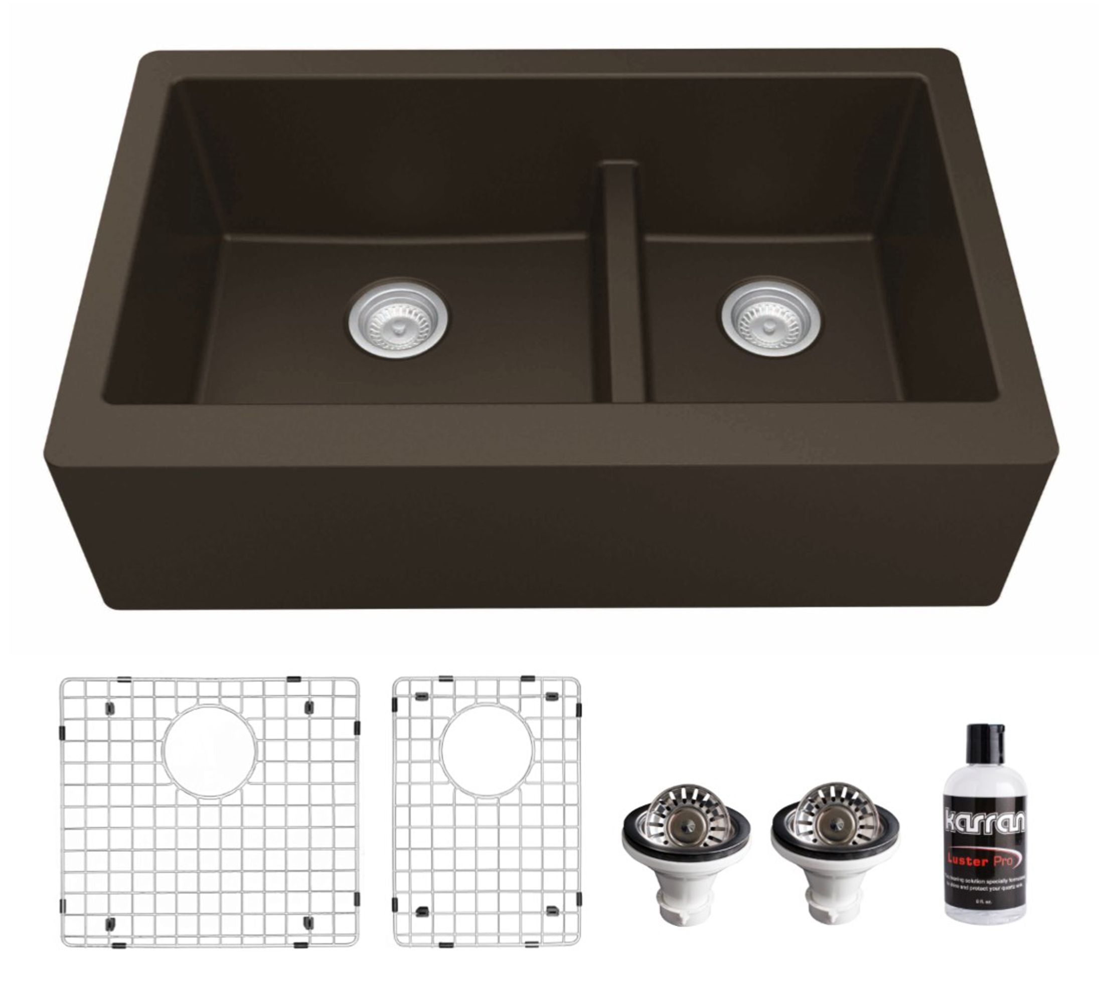 Karran 34" Quartz Composite Farmhouse Sink, 60/40 Double Bowl, Brown, QA-760-BR-PK1