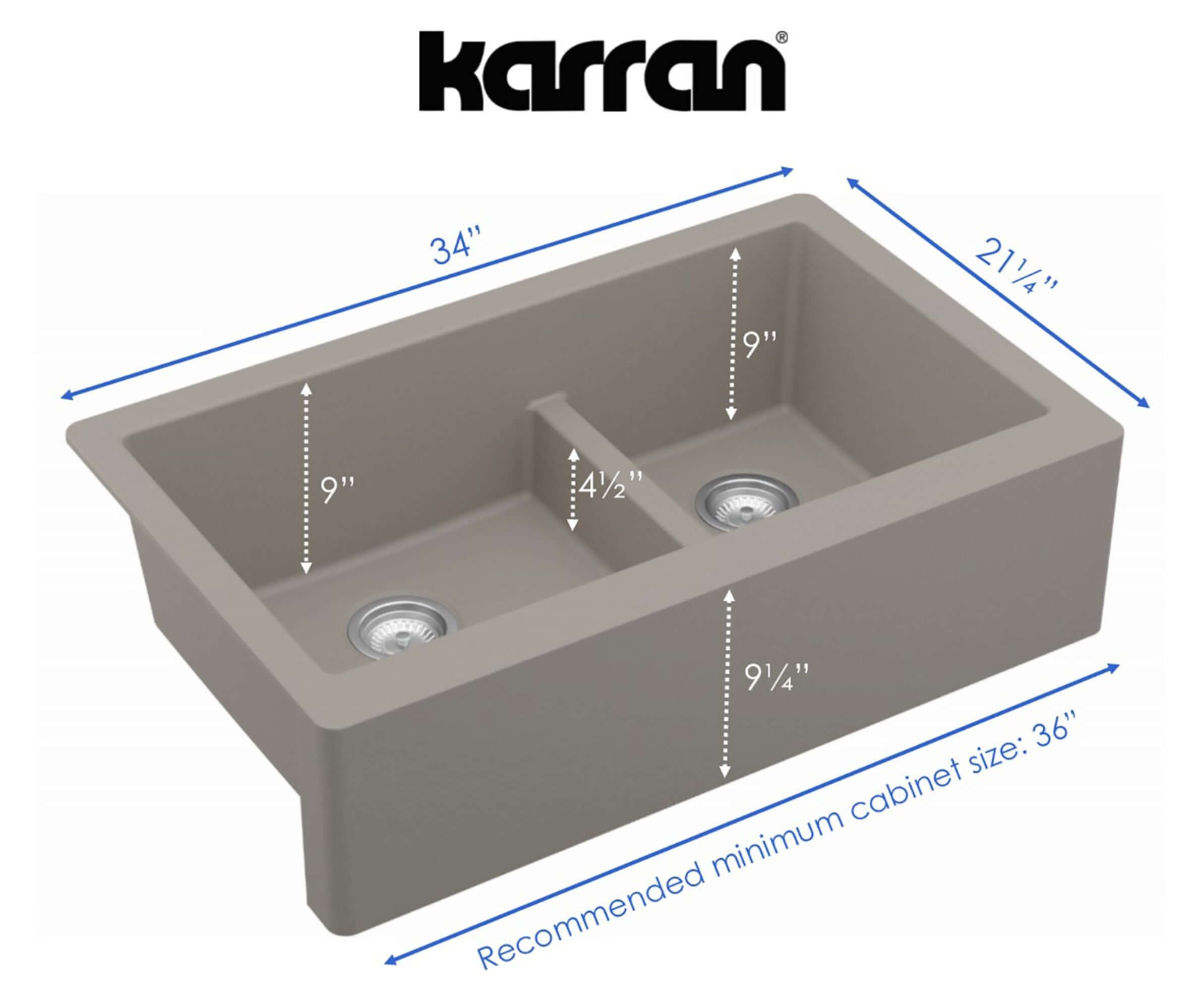 Alternate Image for Karran 34" Quartz Composite Farmhouse Sink, 60/40 Double Bowl, Concrete, QA-760-CN-PK1