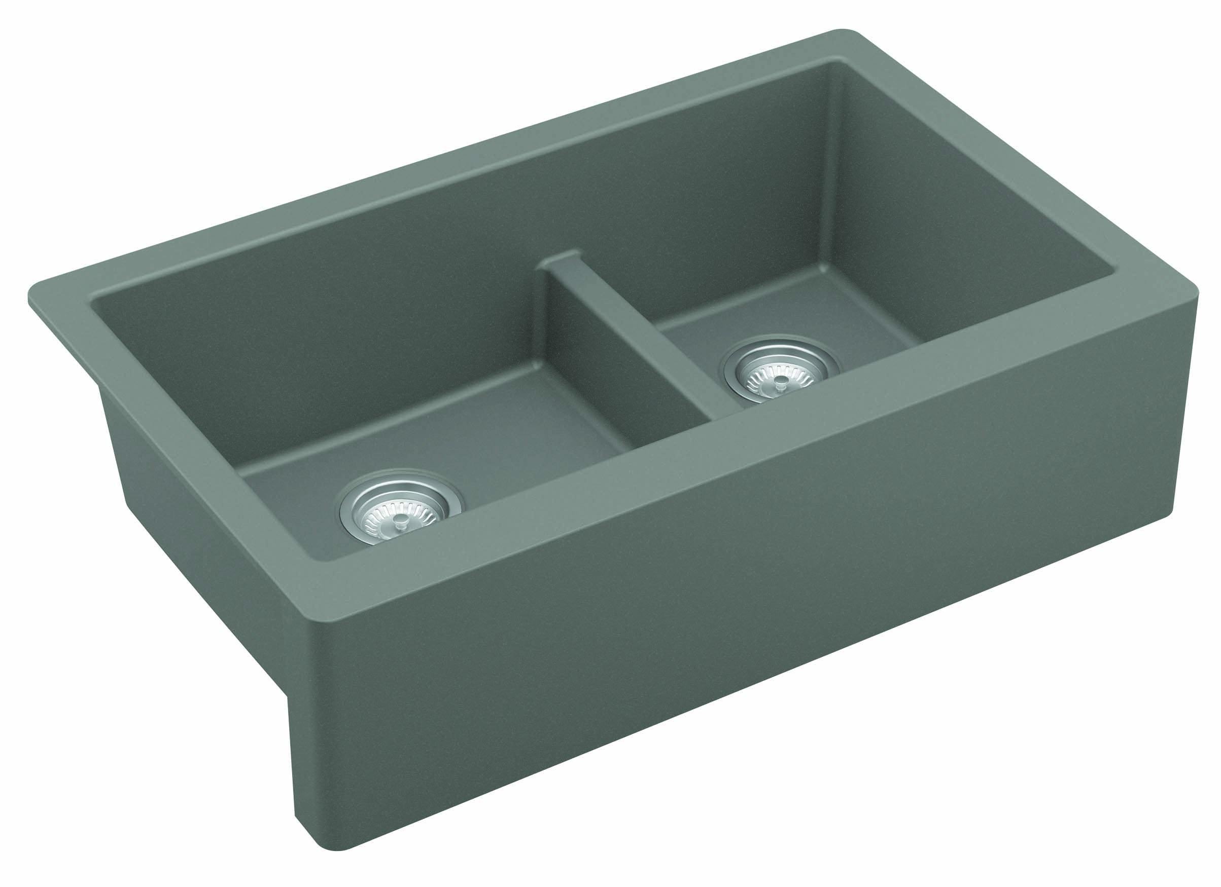 Alternate Image for Karran 34" Quartz Composite Farmhouse Sink, 60/40 Double Bowl, Grey, QA-760-GR