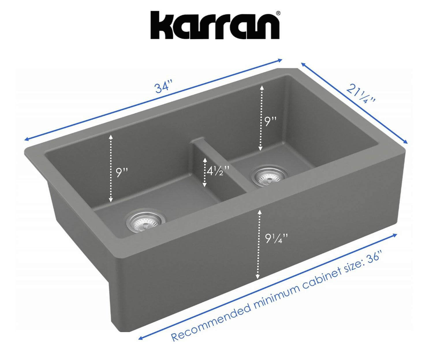 Alternate Image for Karran 34" Quartz Composite Farmhouse Sink, 60/40 Double Bowl, Grey, QA-760-GR