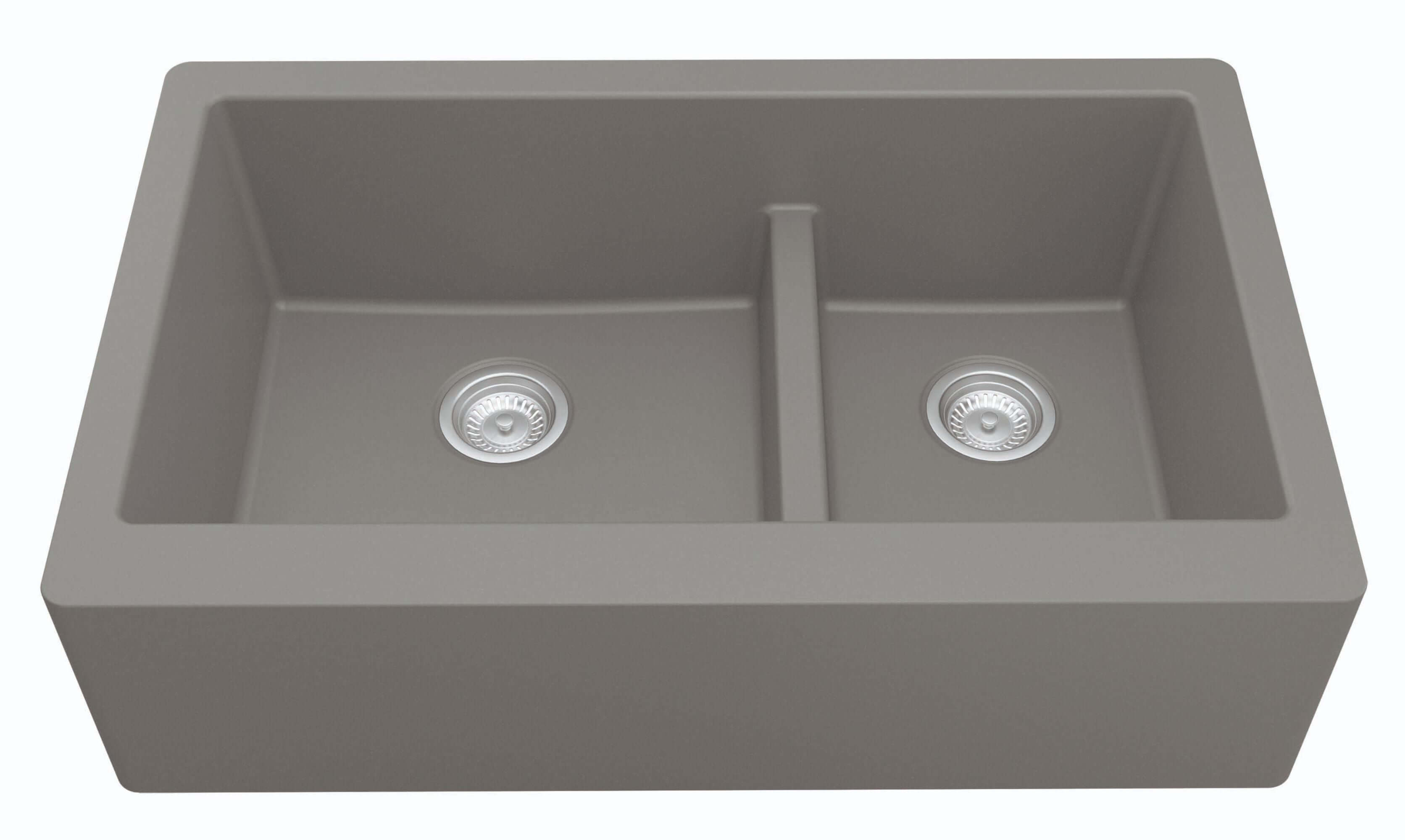 Alternate Image for Karran 34" Quartz Composite Farmhouse Sink, 60/40 Double Bowl, Grey, QA-760-GR-PK1