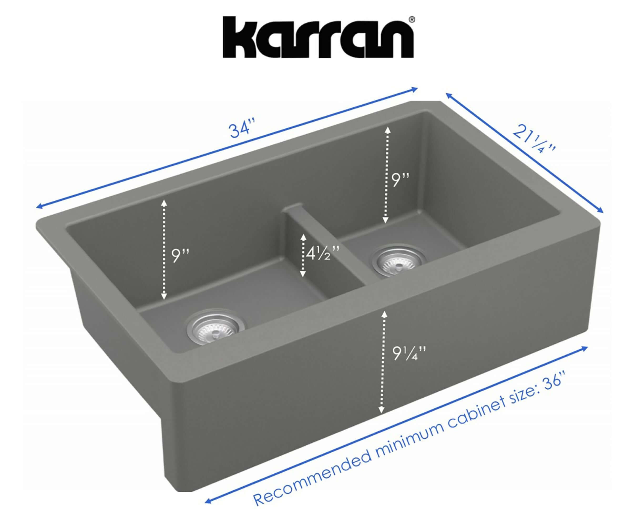 Alternate Image for Karran 34" Quartz Composite Farmhouse Sink, 60/40 Double Bowl, Grey, QA-760-GR-PK1