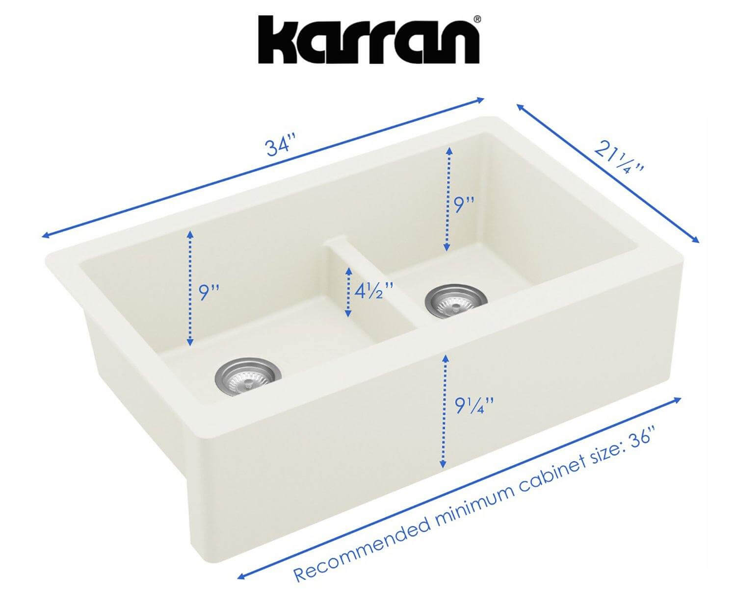 Alternate Image for Karran 34" Quartz Composite Farmhouse Sink, 60/40 Double Bowl, White, QA-760-WH