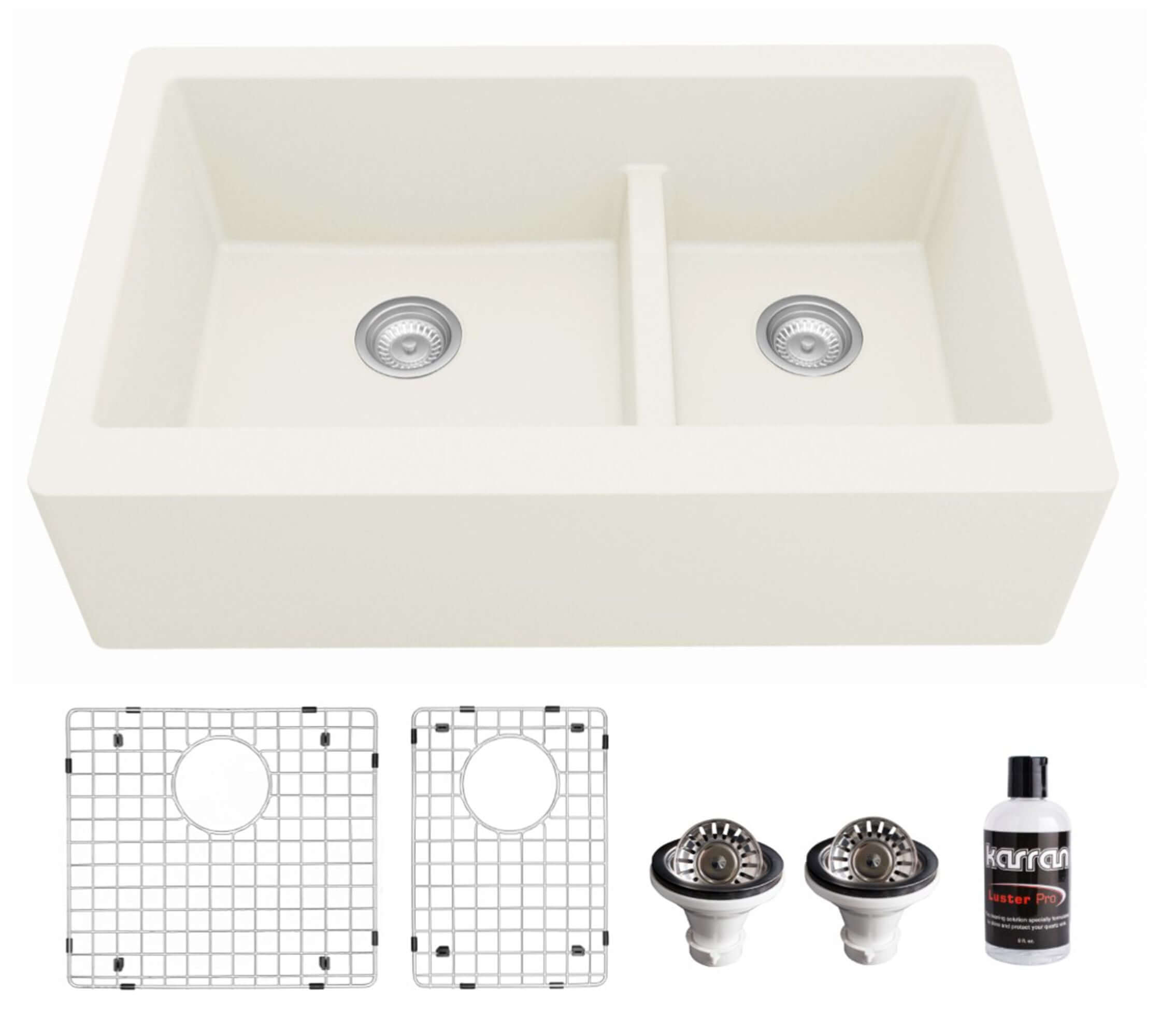 Alternate Image for Karran 34" Quartz Composite Farmhouse Sink, 60/40 Double Bowl, White, QA-760-WH-PK1