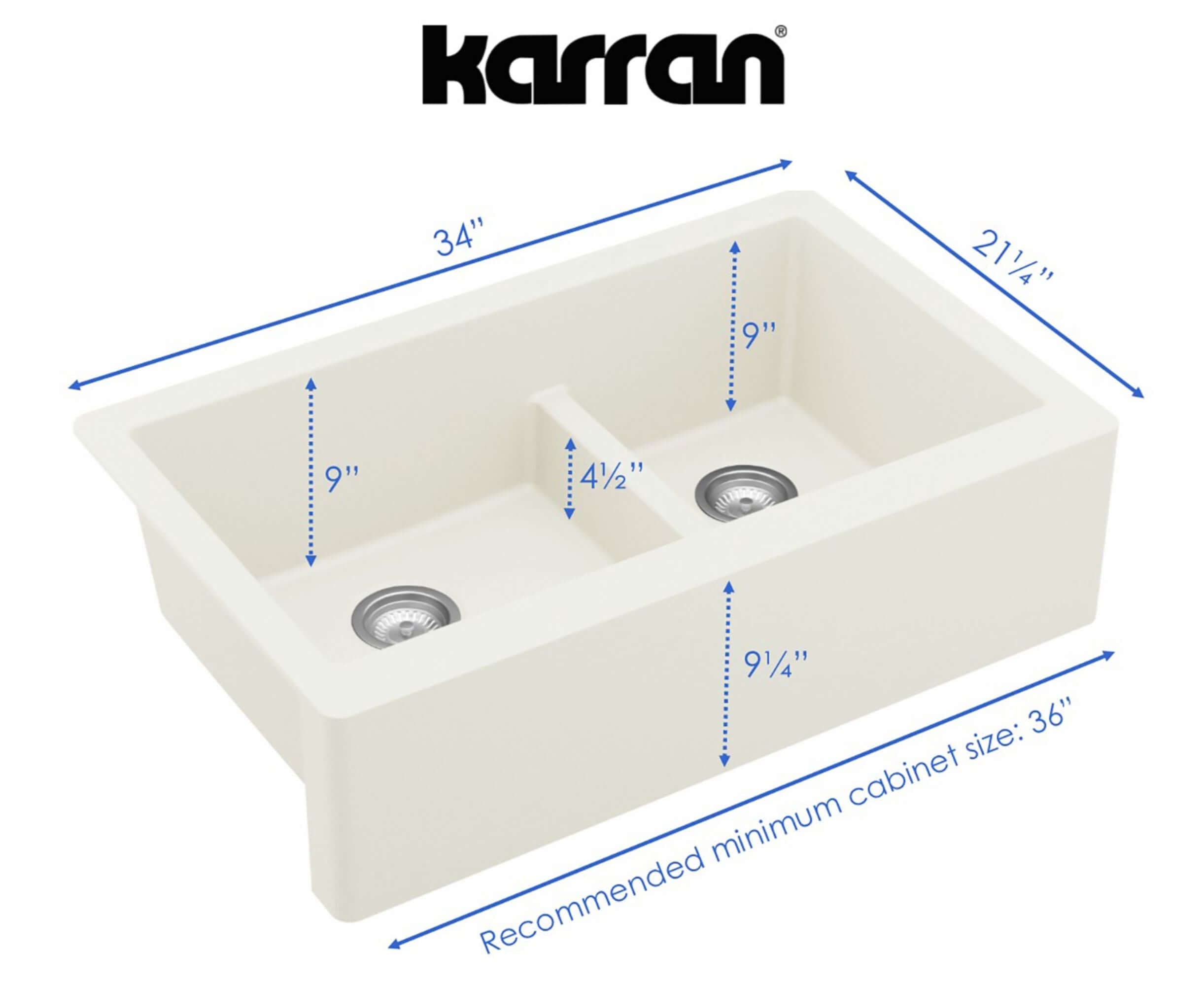 Alternate Image for Karran 34" Quartz Composite Farmhouse Sink, 60/40 Double Bowl, White, QA-760-WH-PK1