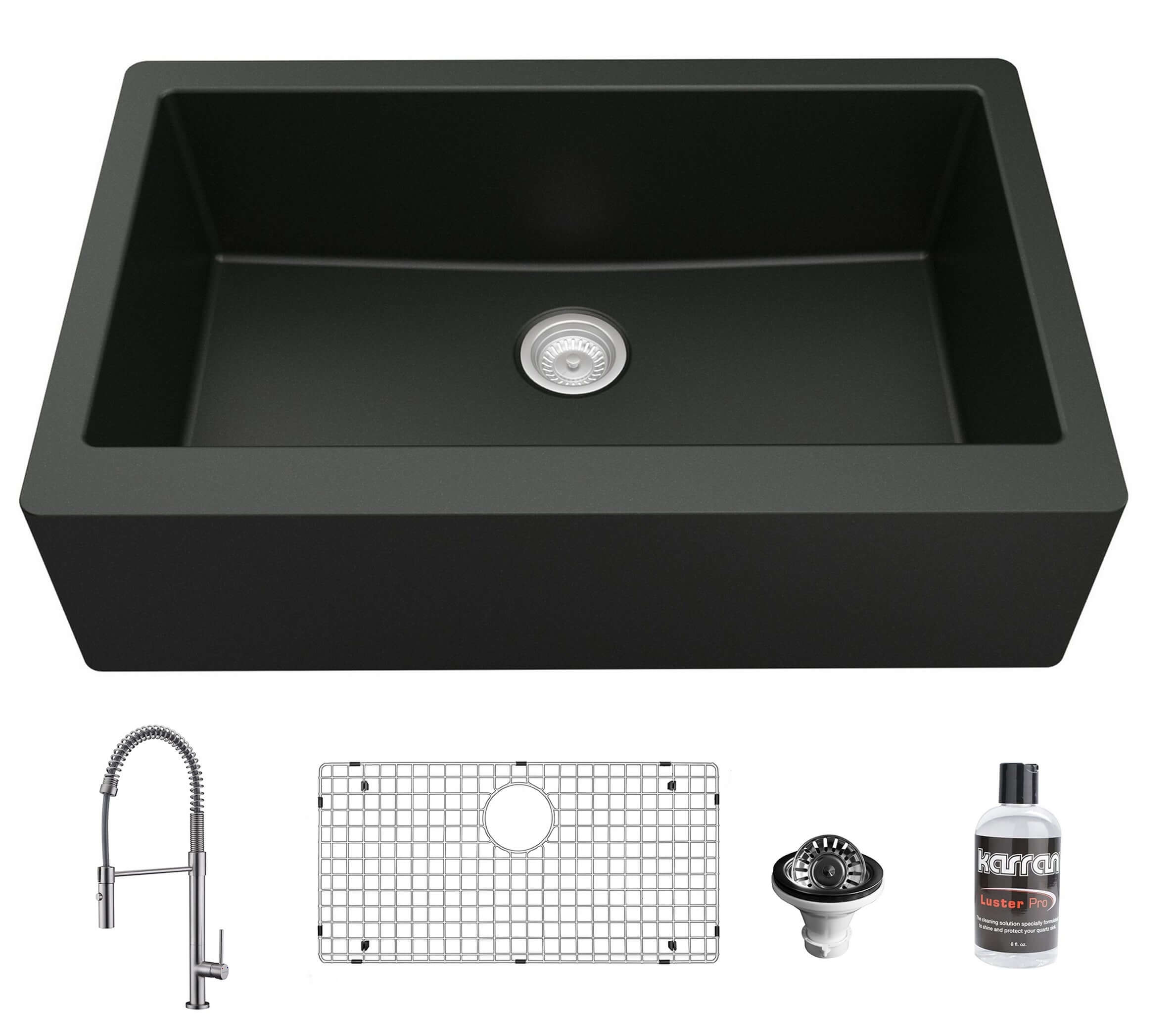 Alternate Image for Karran 34" Quartz Composite Farmhouse Sink with Stainless Steel Faucet and Accessories, Black, QA740BL220SS