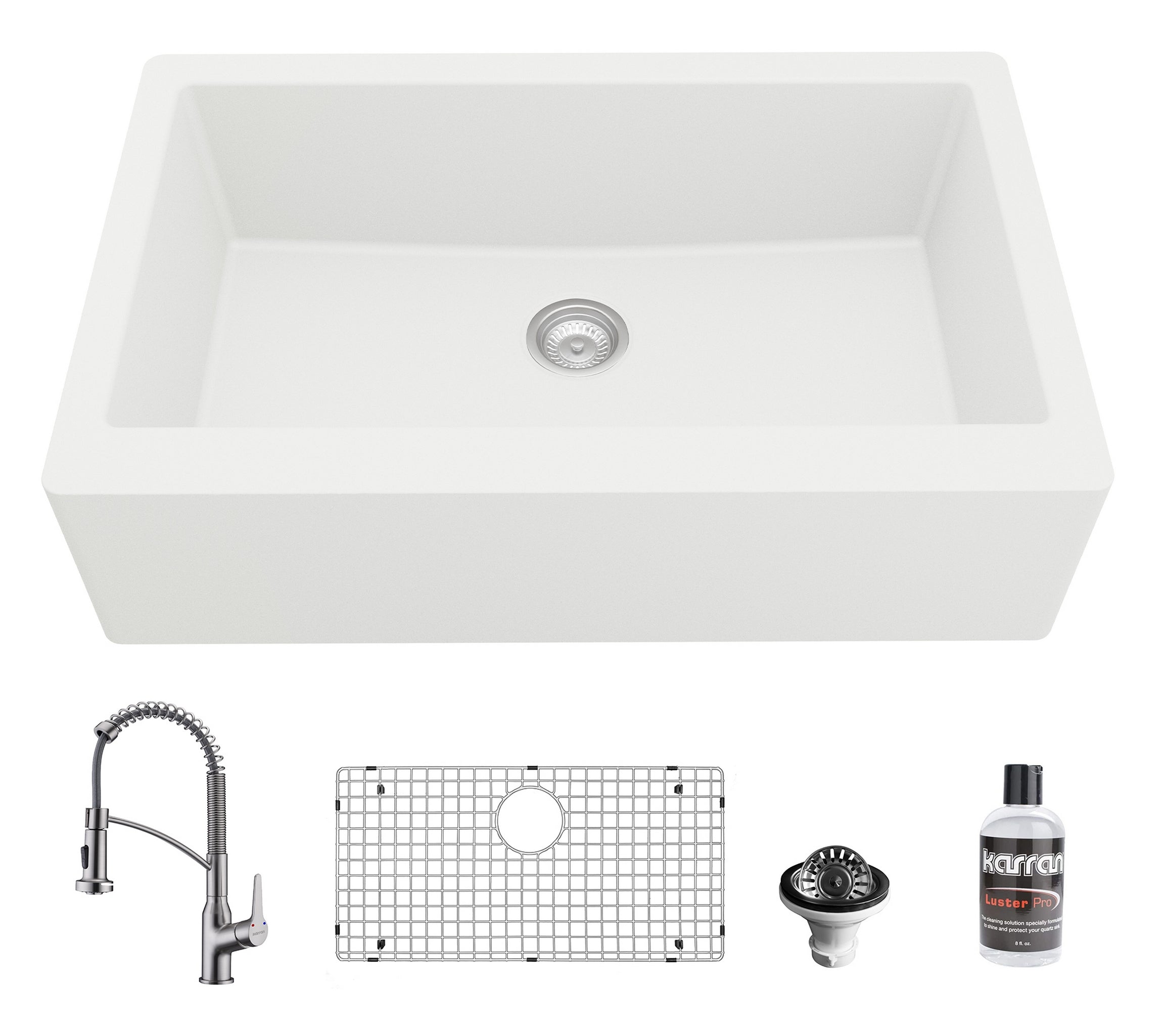 Karran 34" Quartz Composite Farmhouse Sink with Stainless Steel Faucet and Accessories, White, QA740WH210SS