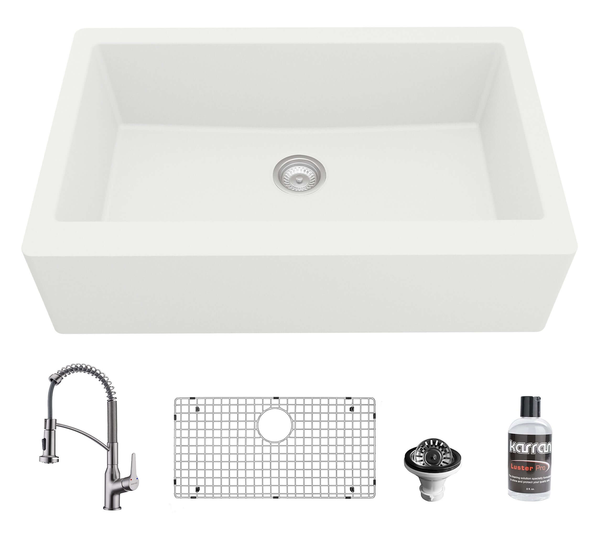 Alternate Image for Karran 34" Quartz Composite Farmhouse Sink with Stainless Steel Faucet and Accessories, White, QA740WH210SS