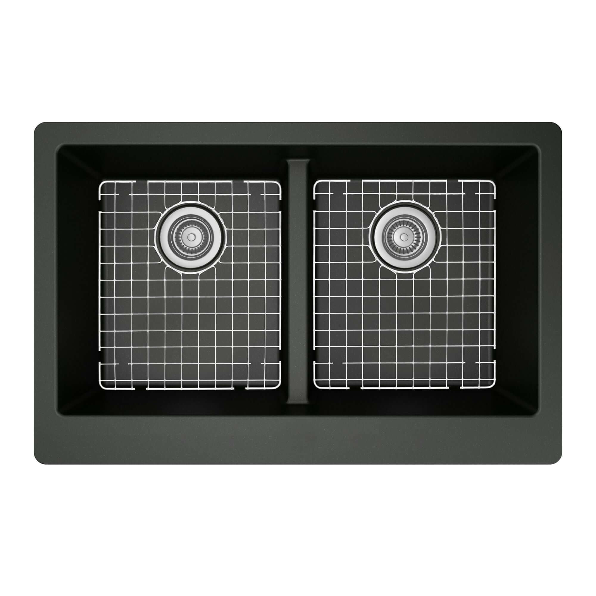 Alternate Image for Karran 34" Quartz Composite Farmhouse Sink with Stainless Steel Faucet and Accessories, 50/50 Double Bowl, Black, QA750BL220SS