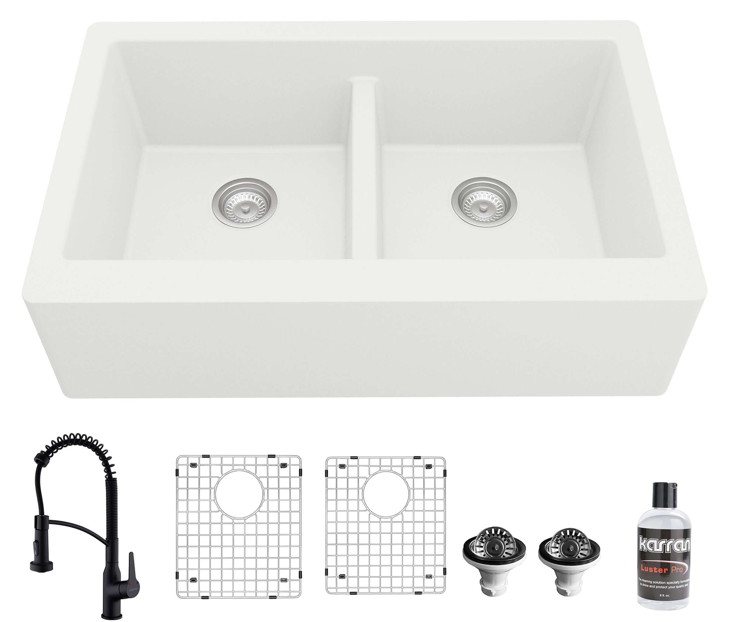 Alternate Image for Karran 34" Quartz Composite Farmhouse Sink with Matte Black Faucet and Accessories, 50/50 Double Bowl, White, QA750WH210MB
