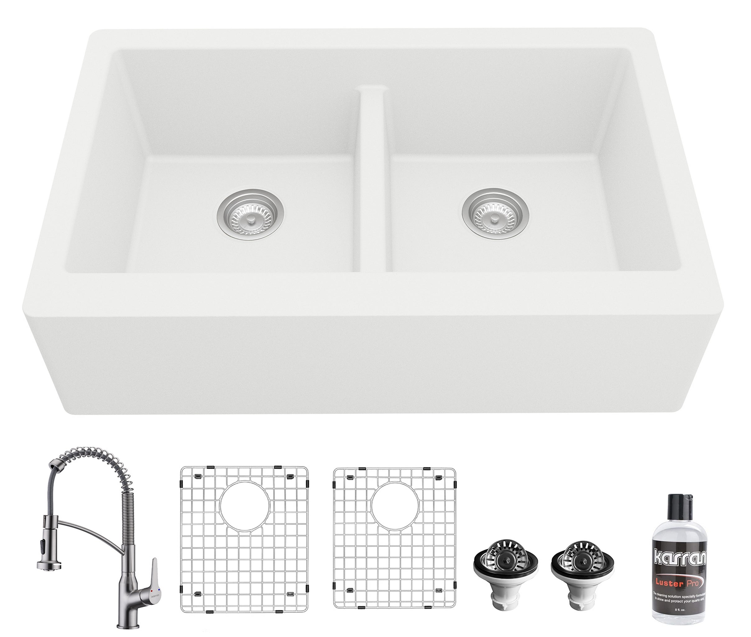 Karran 34" Quartz Composite Farmhouse Sink with Stainless Steel Faucet and Accessories, 50/50 Double Bowl, White, QA750WH210SS