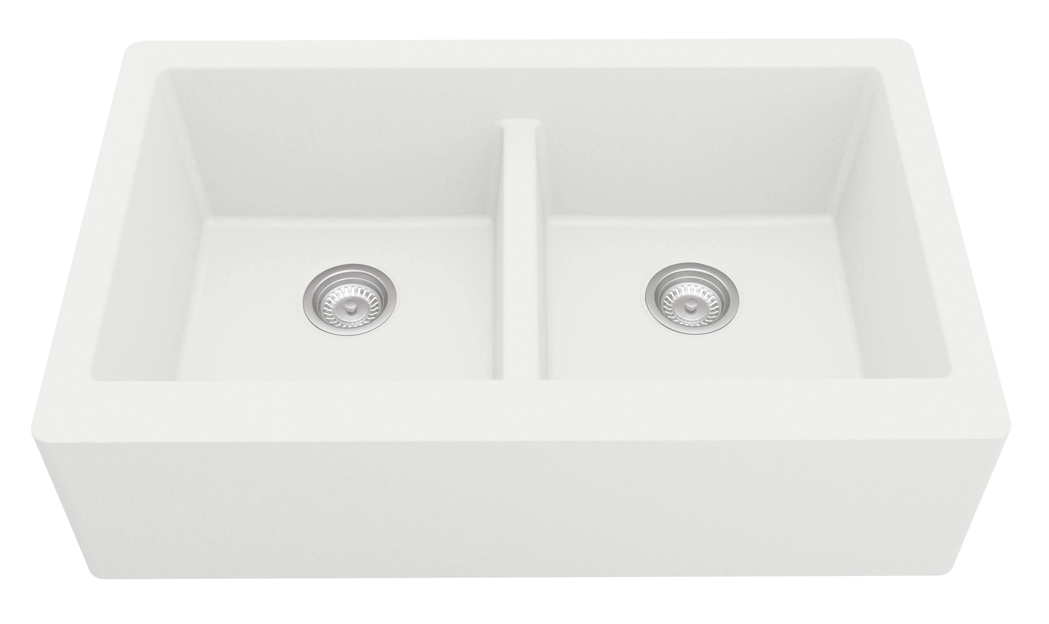 Karran 34" Quartz Composite Farmhouse Sink with Stainless Steel Faucet and Accessories, 50/50 Double Bowl, White, QA750WH210SS